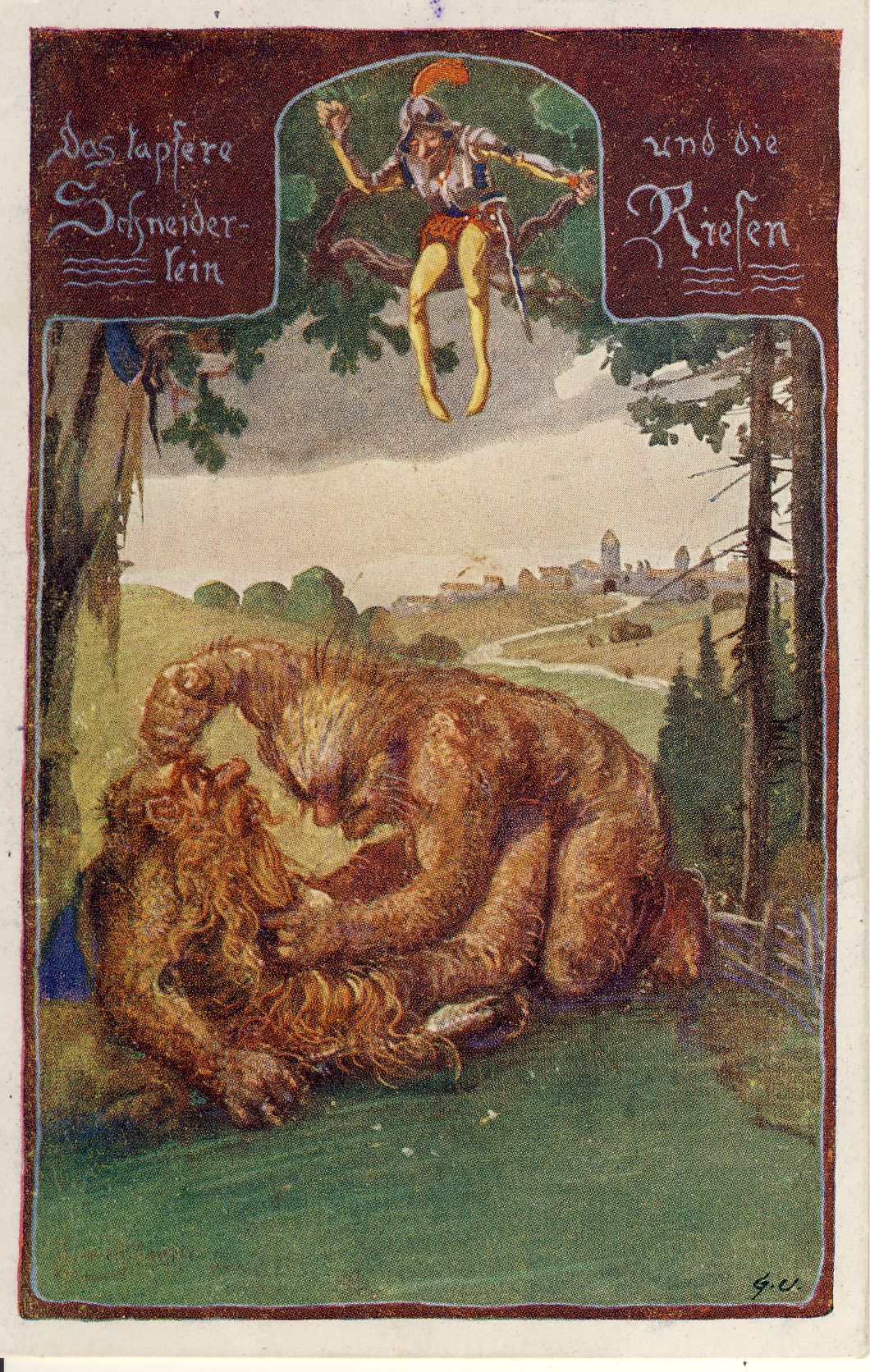Das tapfere Schneiderlein und die Riesen Märchenpostkarte (Deutsches Märchen- und Wesersagenmuseum CC BY-NC-SA)