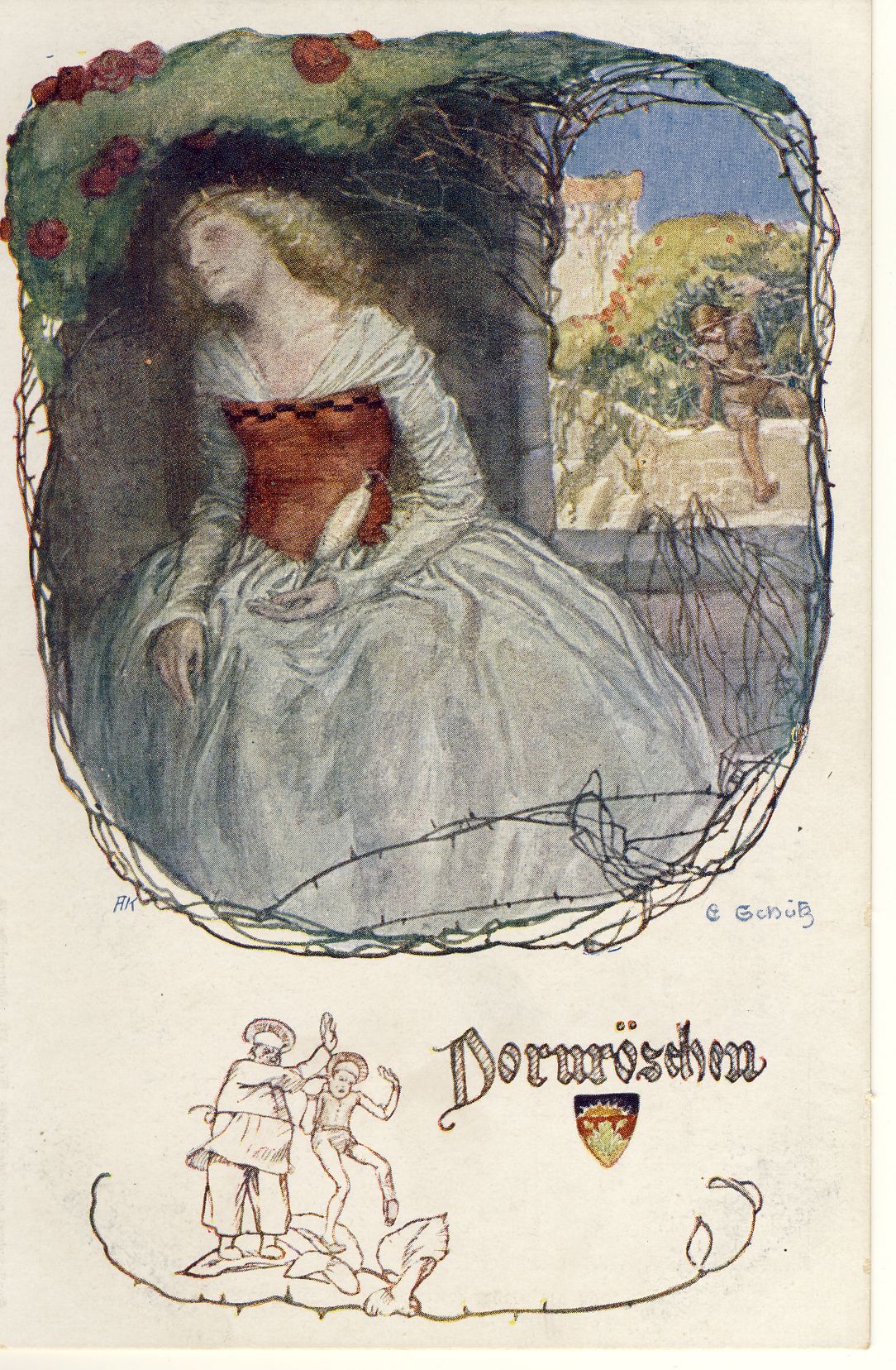 Dornröschen Märchenpostkarte (Deutsches Märchen- und Wesersagenmuseum CC BY-NC-SA)