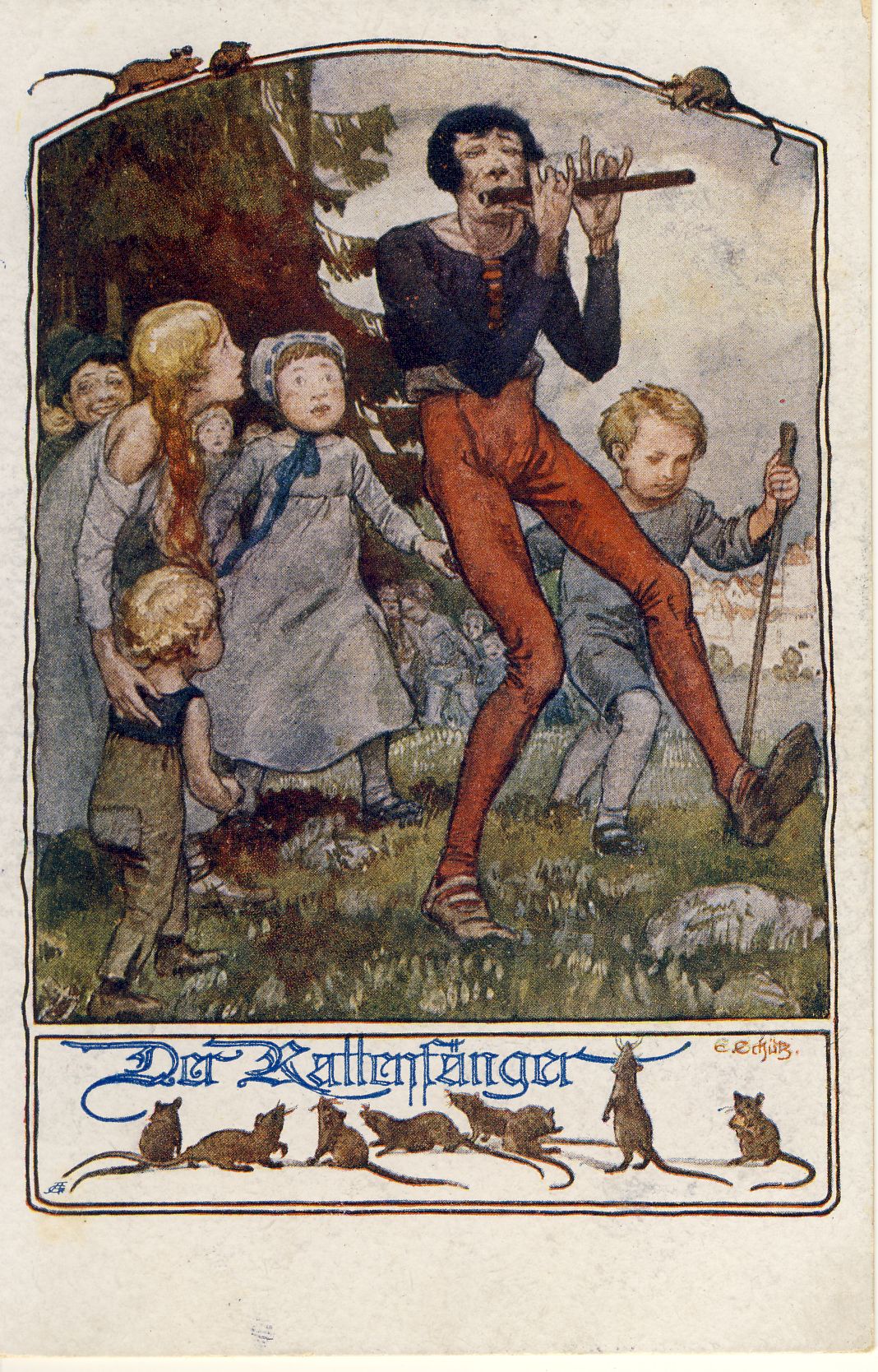 Der Rattenfänger Postkarte (Deutsches Märchen- und Wesersagenmuseum CC BY-NC-SA)