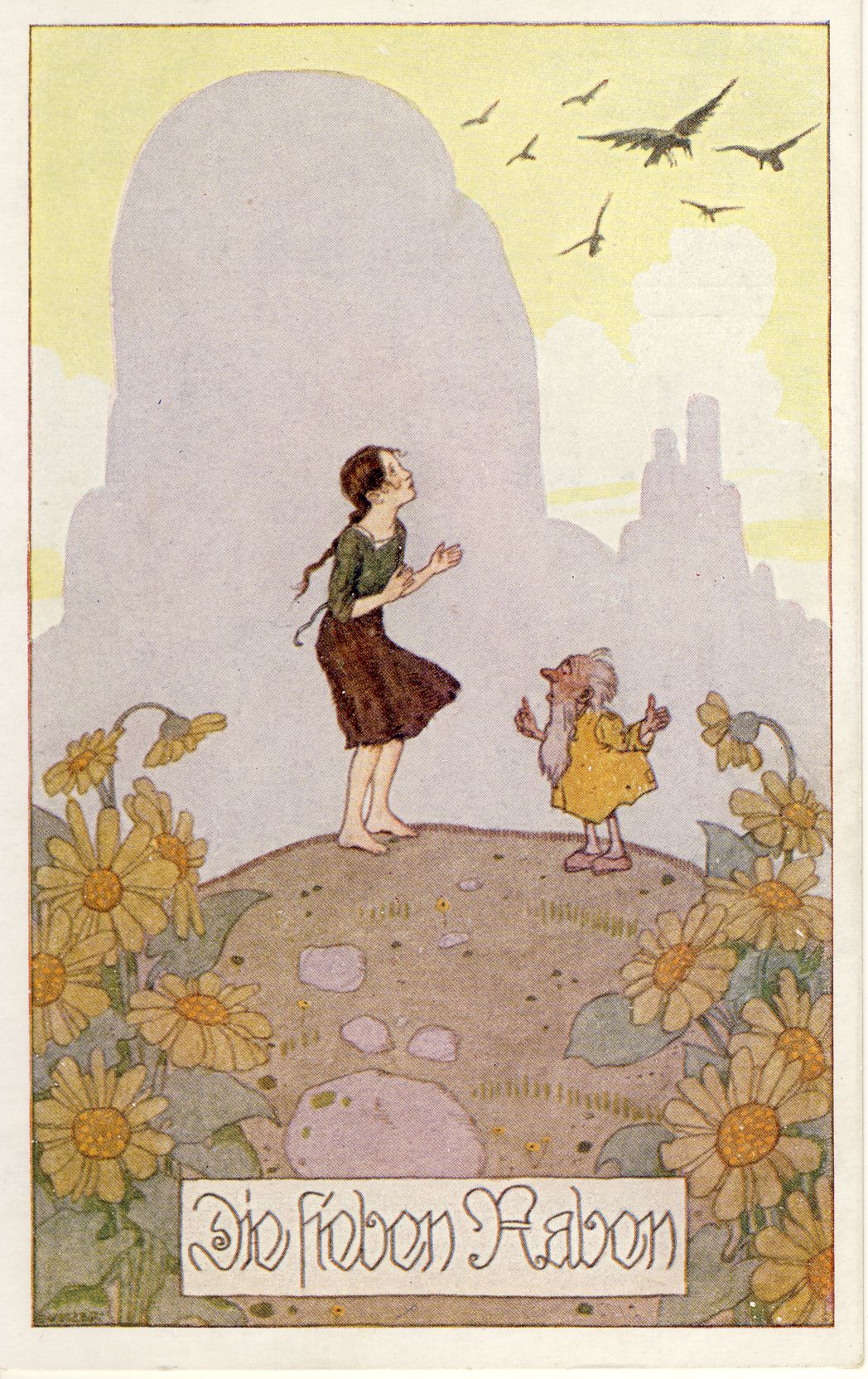 Die sieben Raben Märchenpostkarte (Deutsches Märchen- und Wesersagenmuseum CC BY-NC-SA)
