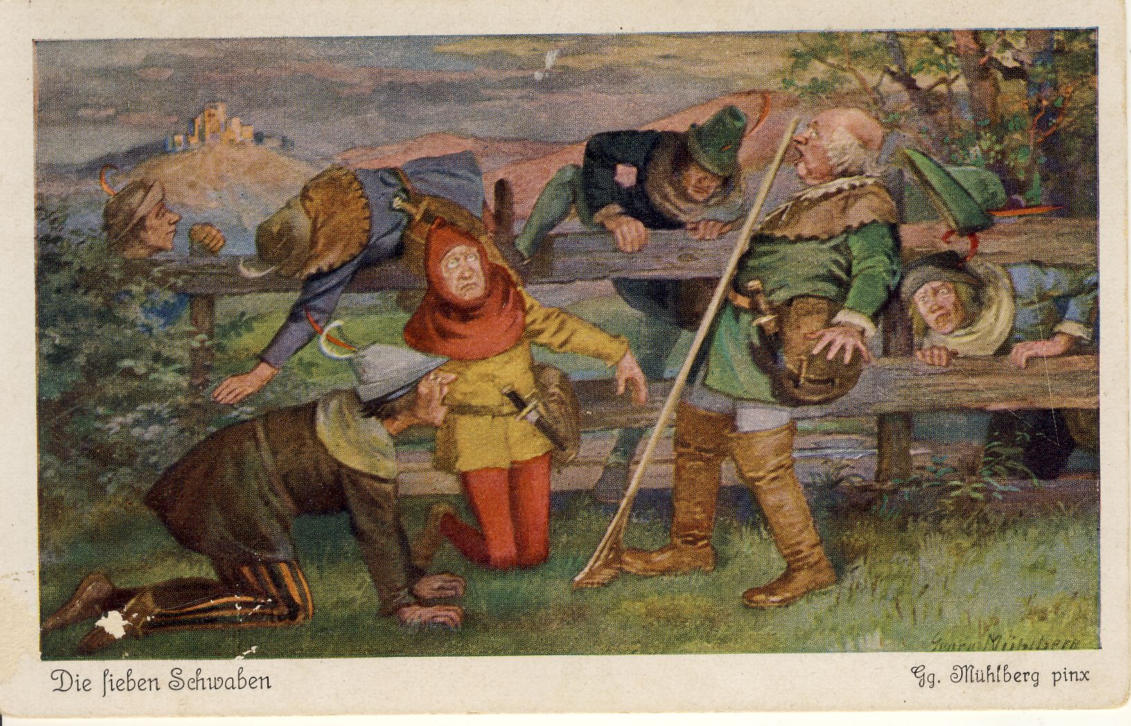 Die sieben Schwaben Märchenpostkarte (Deutsches Märchen- und Wesersagenmuseum CC BY-NC-SA)