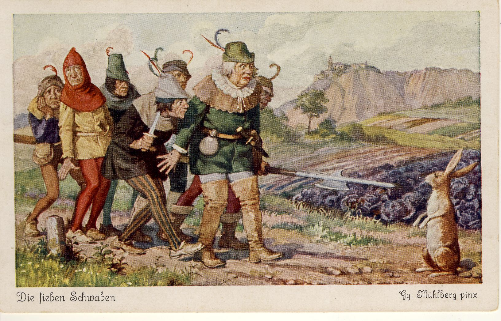 Die sieben Schwaben Märchenpostkarte (Deutsches Märchen- und Wesersagenmuseum CC BY-NC-SA)