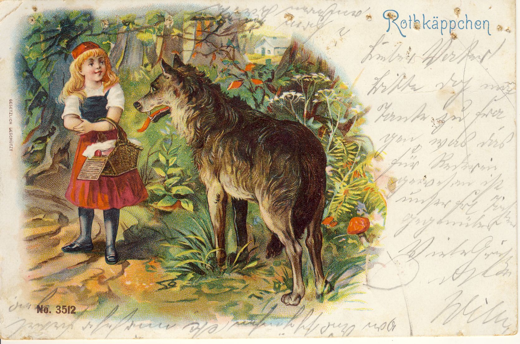 Rotkäppchen Märchenpostkarte (Deutsches Märchen- und Wesersagenmuseum CC BY-NC-SA)