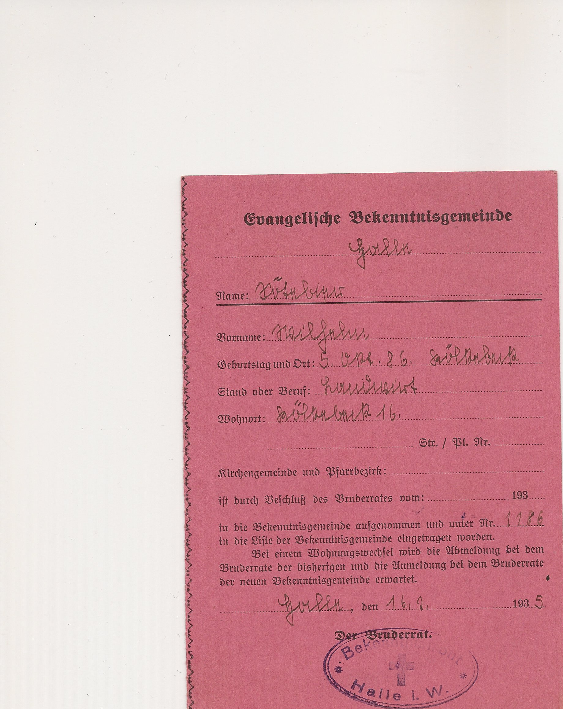 Mitgliedskarte Evangelische Bekenntnisgemeinde (Haller ZeitRäume CC BY-NC-SA)