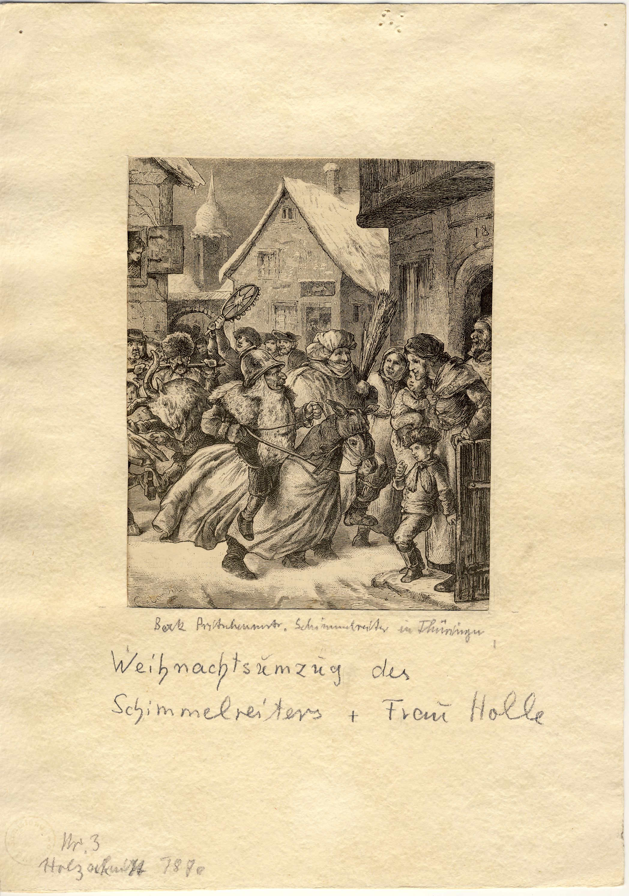 Weihnachtsumzug des Schimmelreiters und Frau Holle Zeitungsillustration (Deutsches Märchen- und Wesersagenmuseum CC BY-NC-SA)