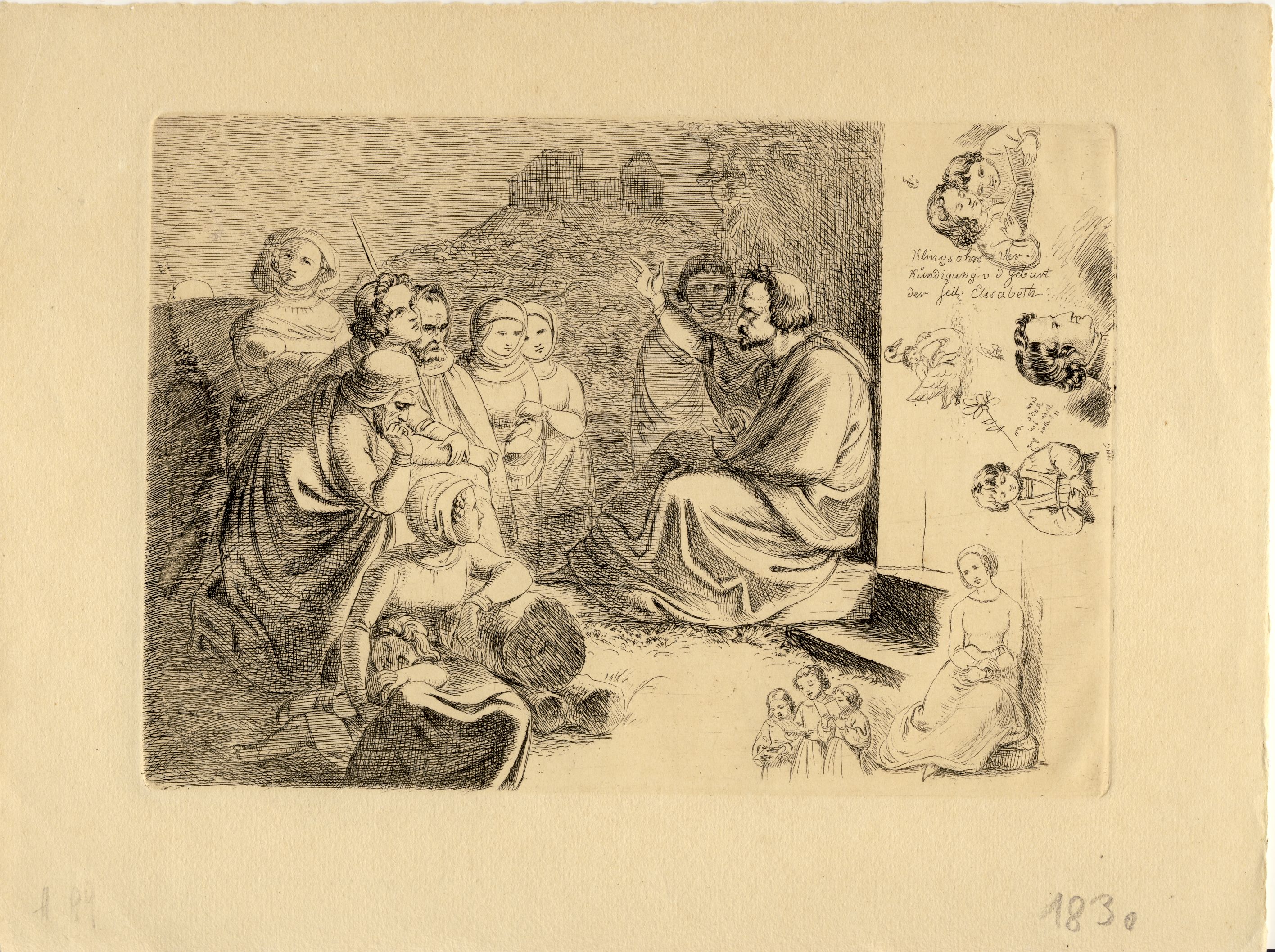 Klingsohrs Verkündigung von der Geburt der heiligen Elisabeth Radierung (Deutsches Märchen- und Wesersagenmuseum CC BY-NC-SA)