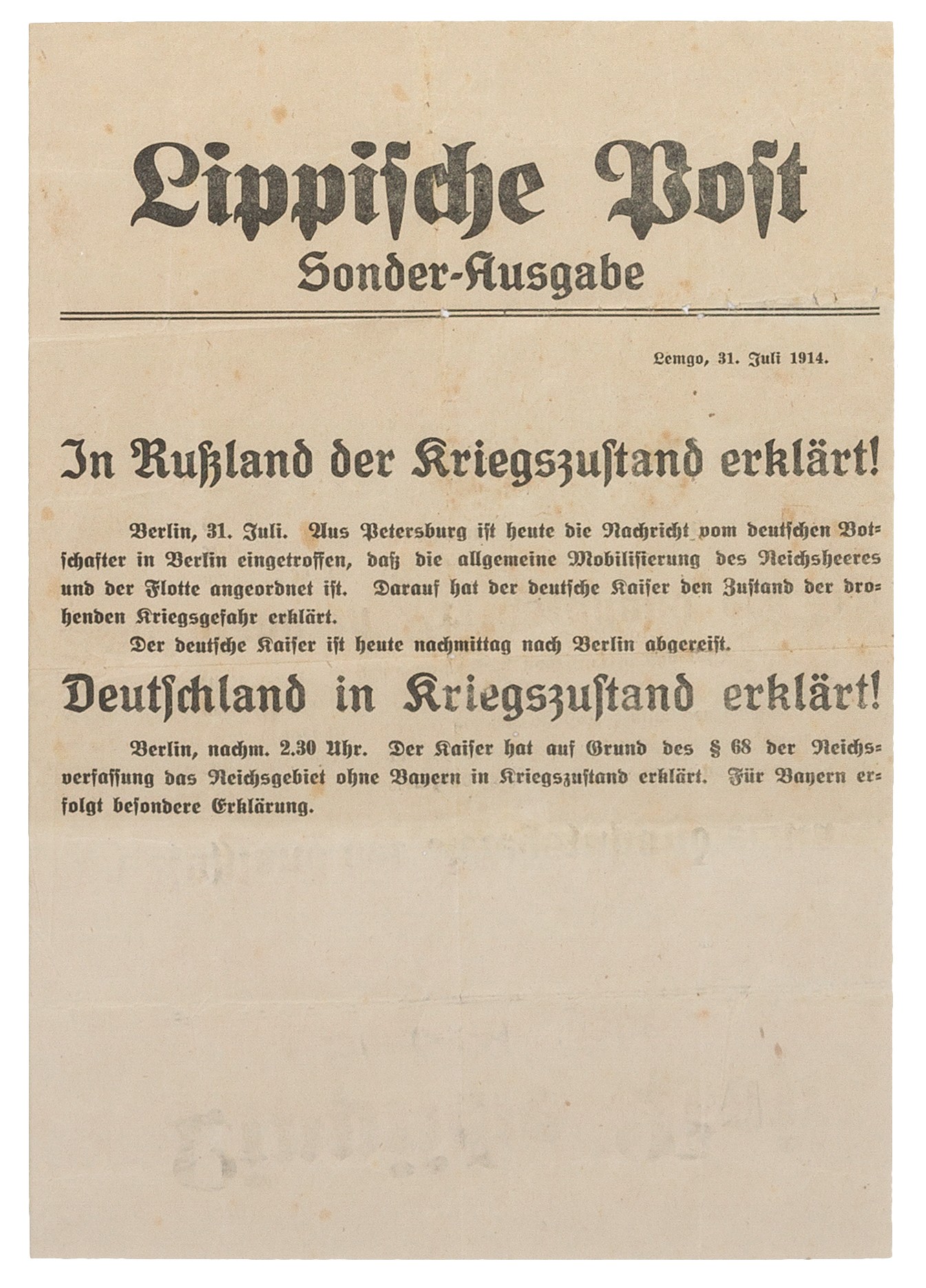 Sonderausgabe der Lippischen Post vom 31. Juli 1914 (Lippisches Landesmuseum Detmold CC BY-NC-SA)