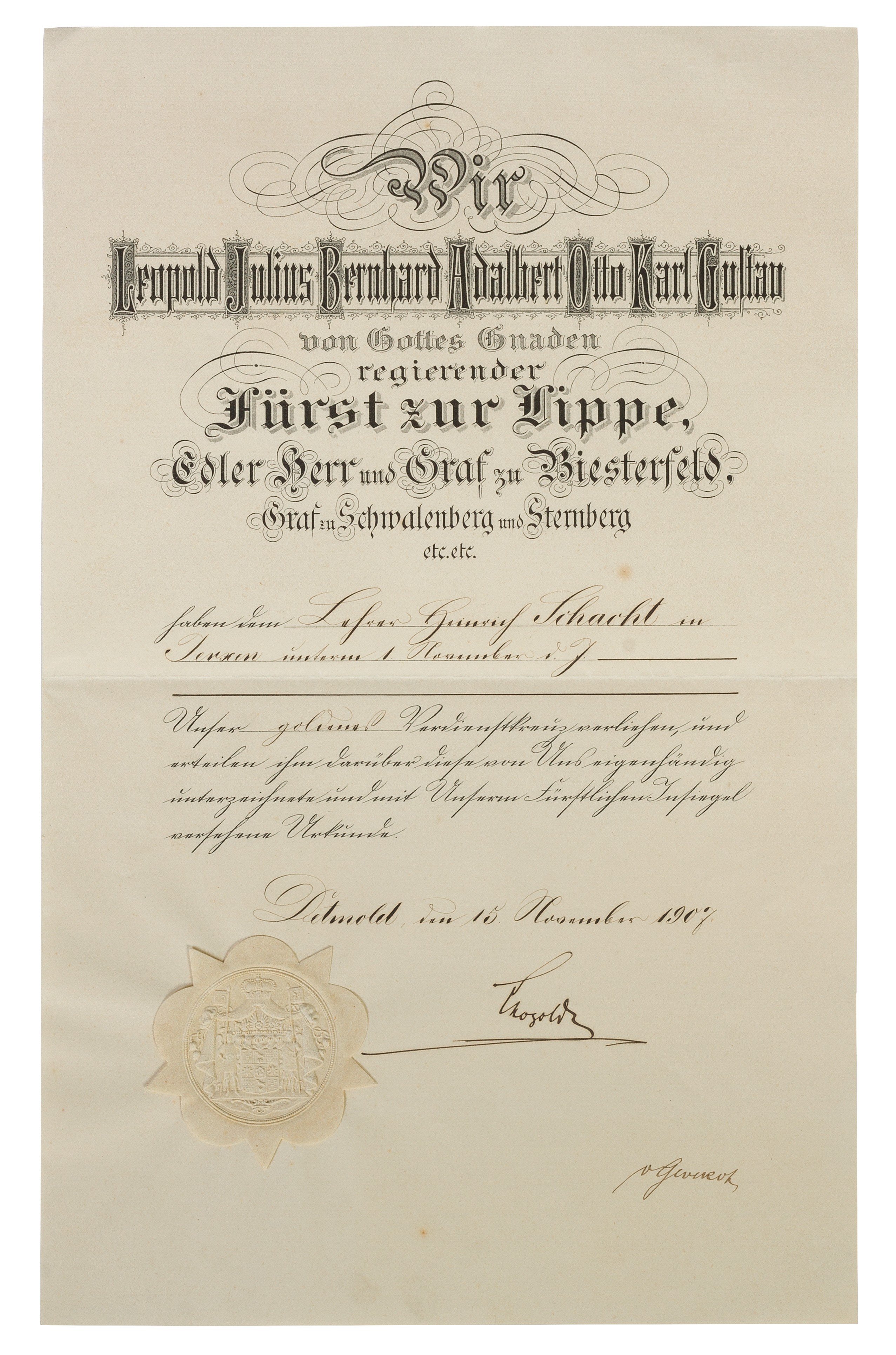 Urkunde zum goldenen Verdienstkreuz (Lippisches Landesmuseum Detmold CC BY-NC-SA)