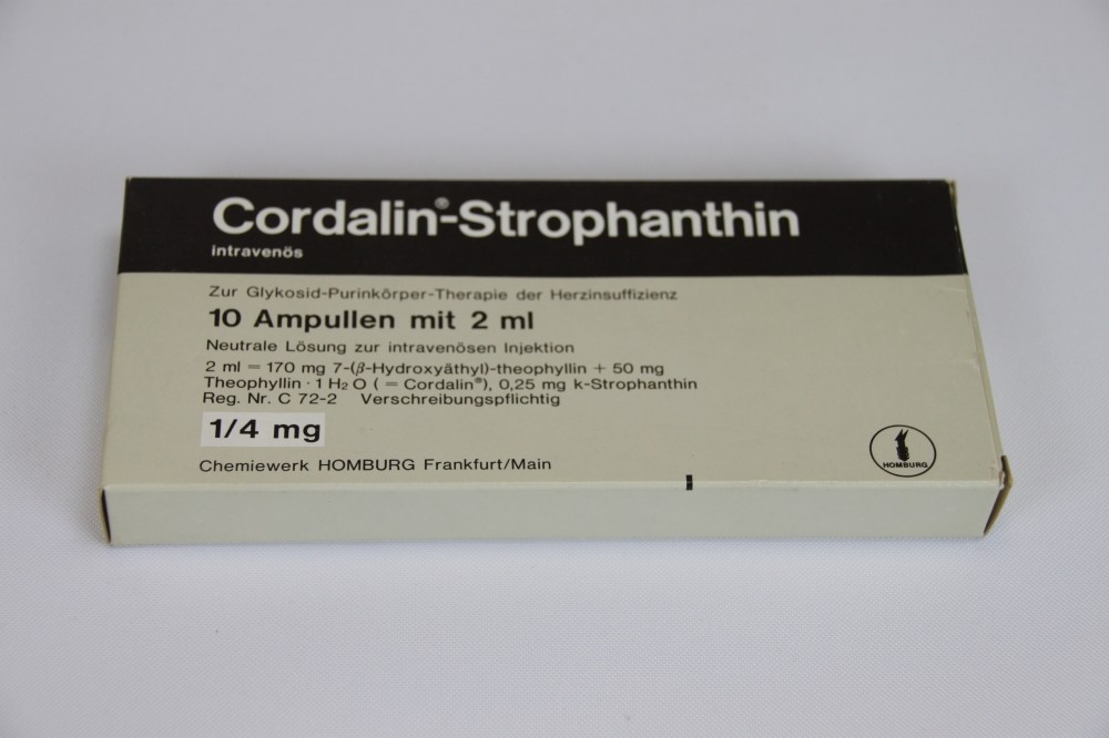 Medikamenten-Schachtel mit Cordalin-Strophantin Ampullen (Krankenhausmuseum Bielefeld e.V. CC BY-NC-SA)