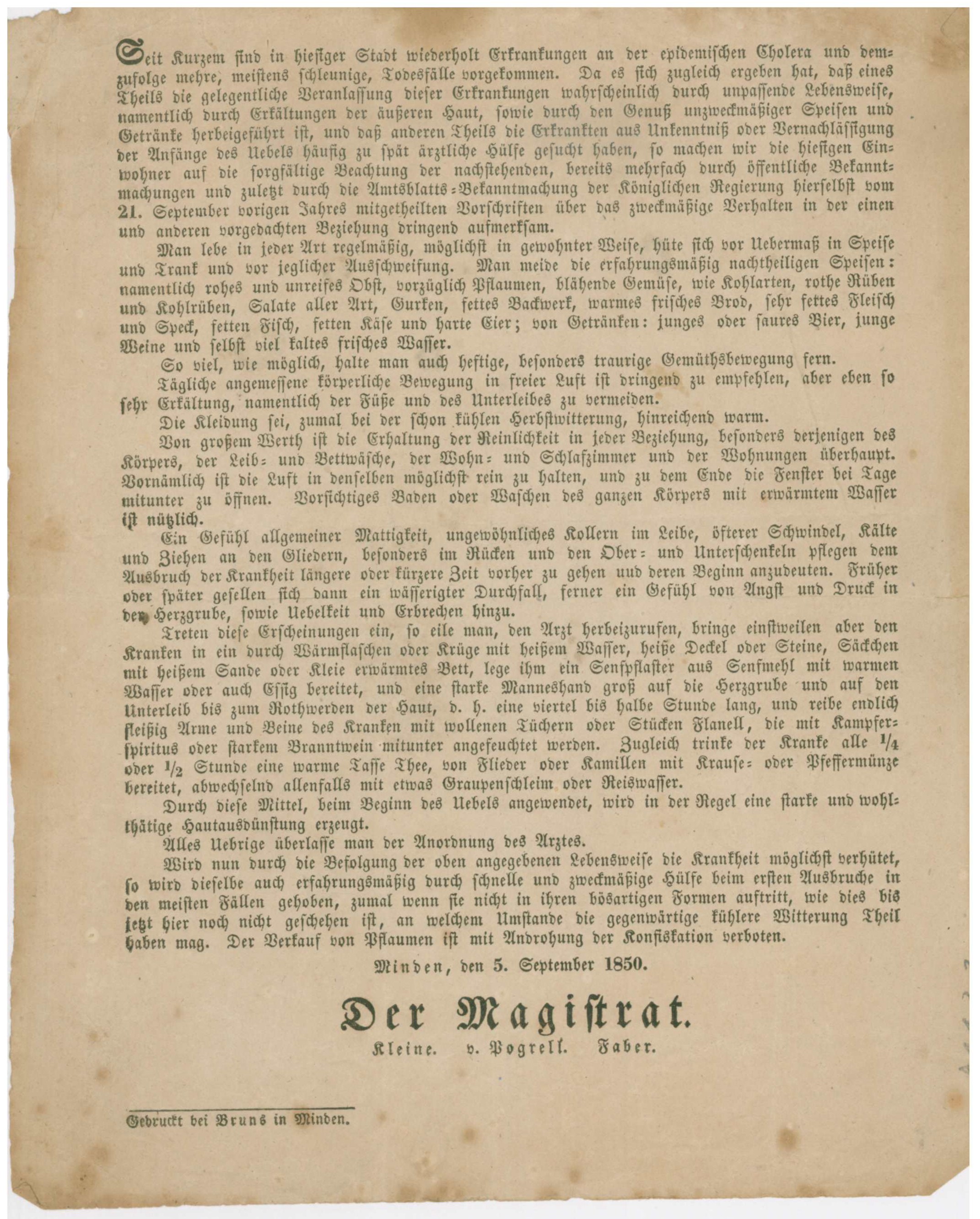 Anordnung des Magistrats zur Cholera Epidemie in Minden im Jahr 1850 (Mindener Museum RR-R)