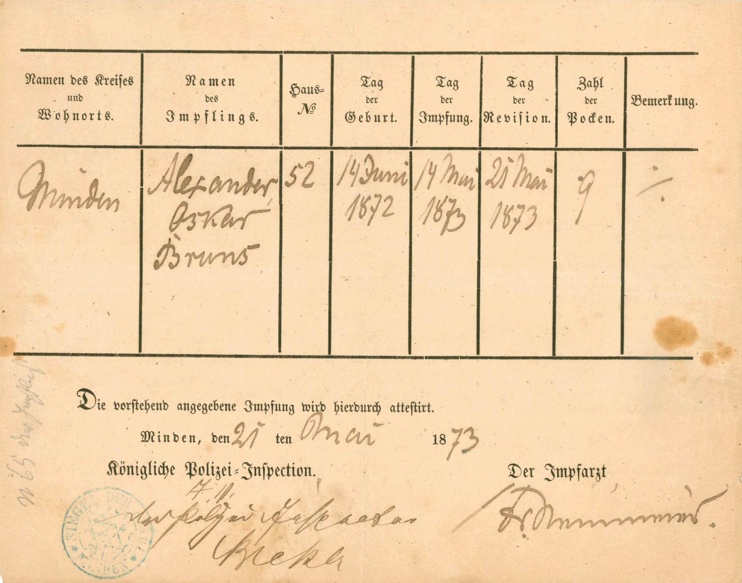 Impfattest 1873 (Mindener Museum RR-R)