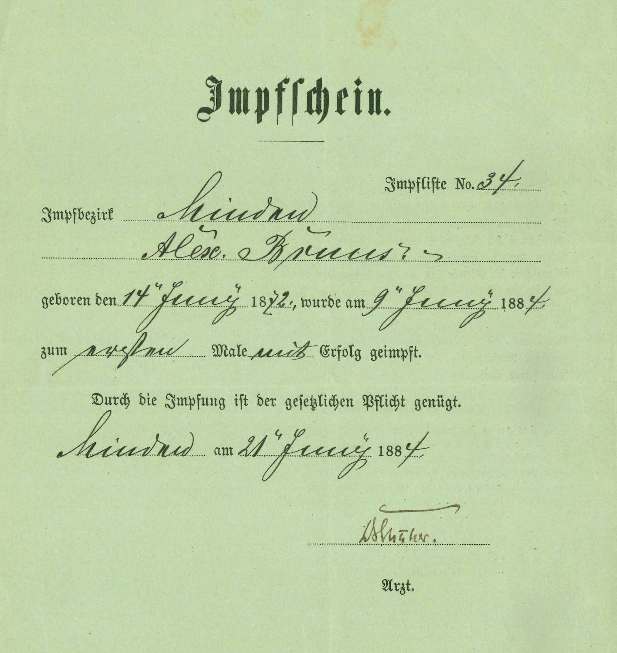 Impfschein 1884 (Mindener Museum RR-R)