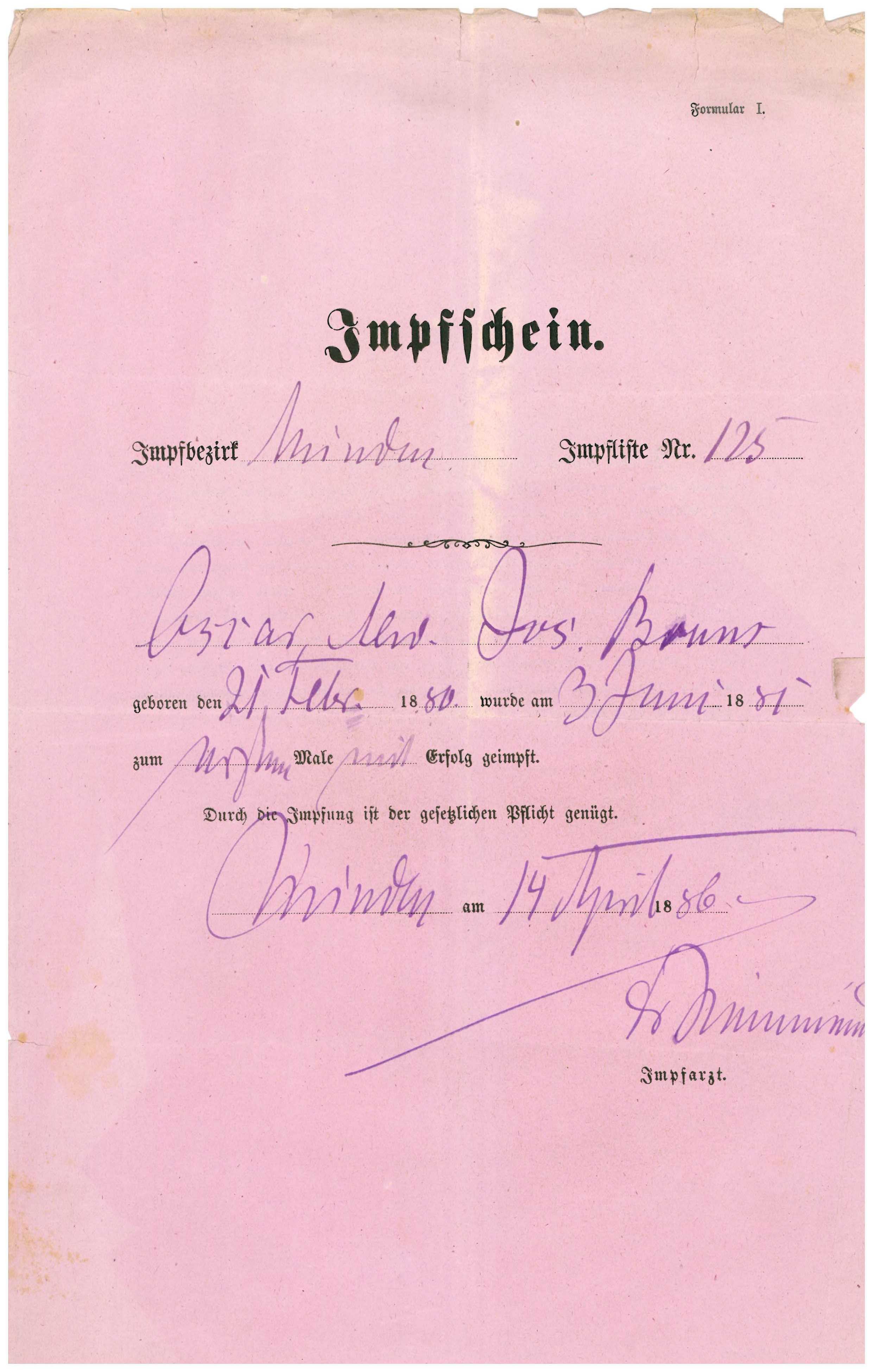 Impfschein 1886 (Mindener Museum RR-R)