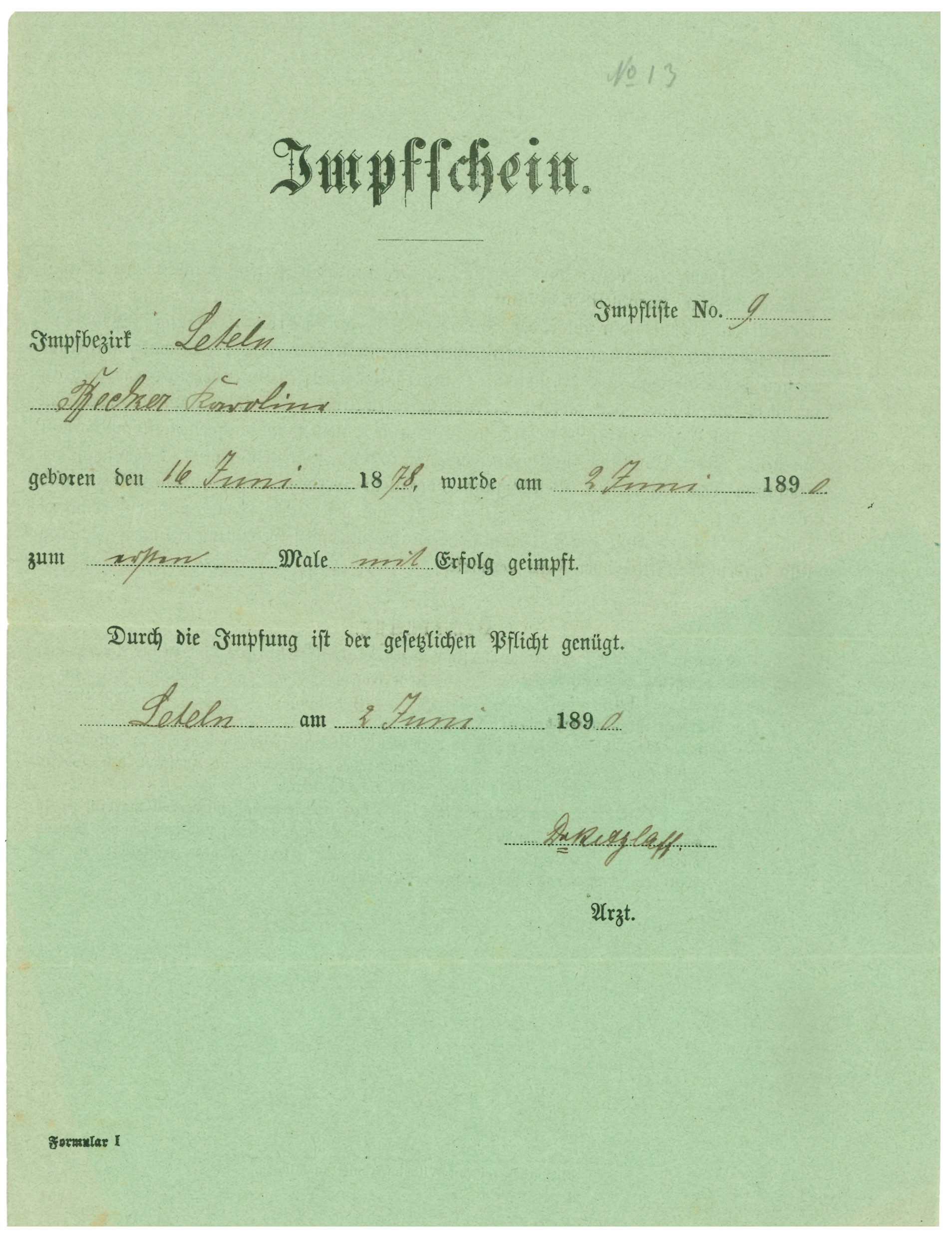 Impfschein 1890 (Mindener Museum RR-R)