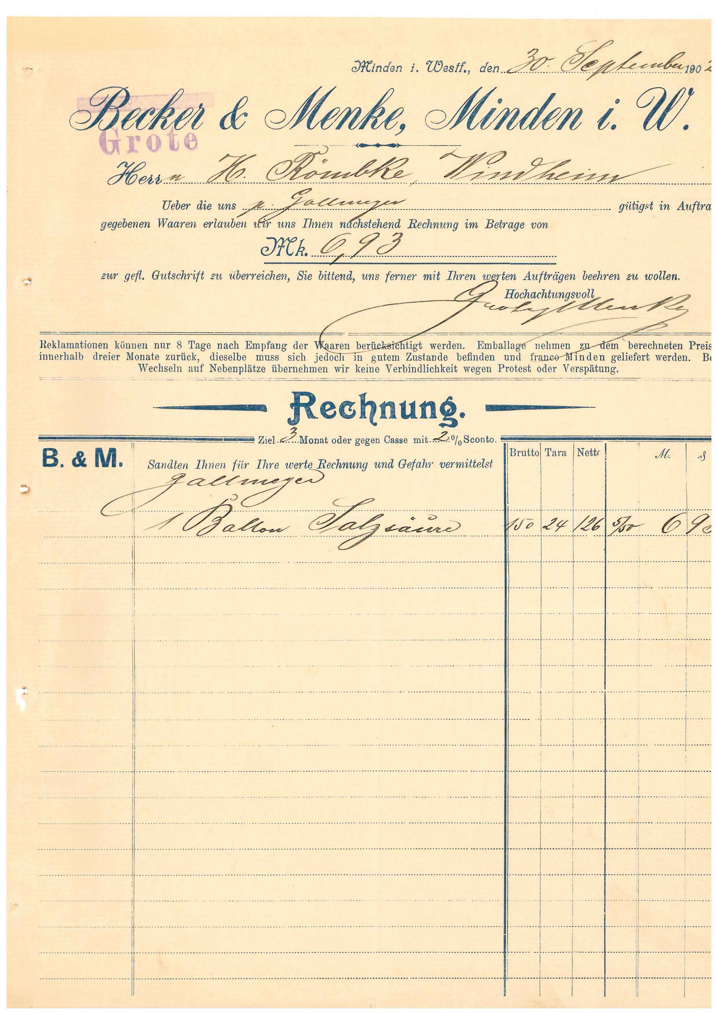 Rechnung Becker & Menke, 1902, Minden i. W. (Mindener Museum RR-R)