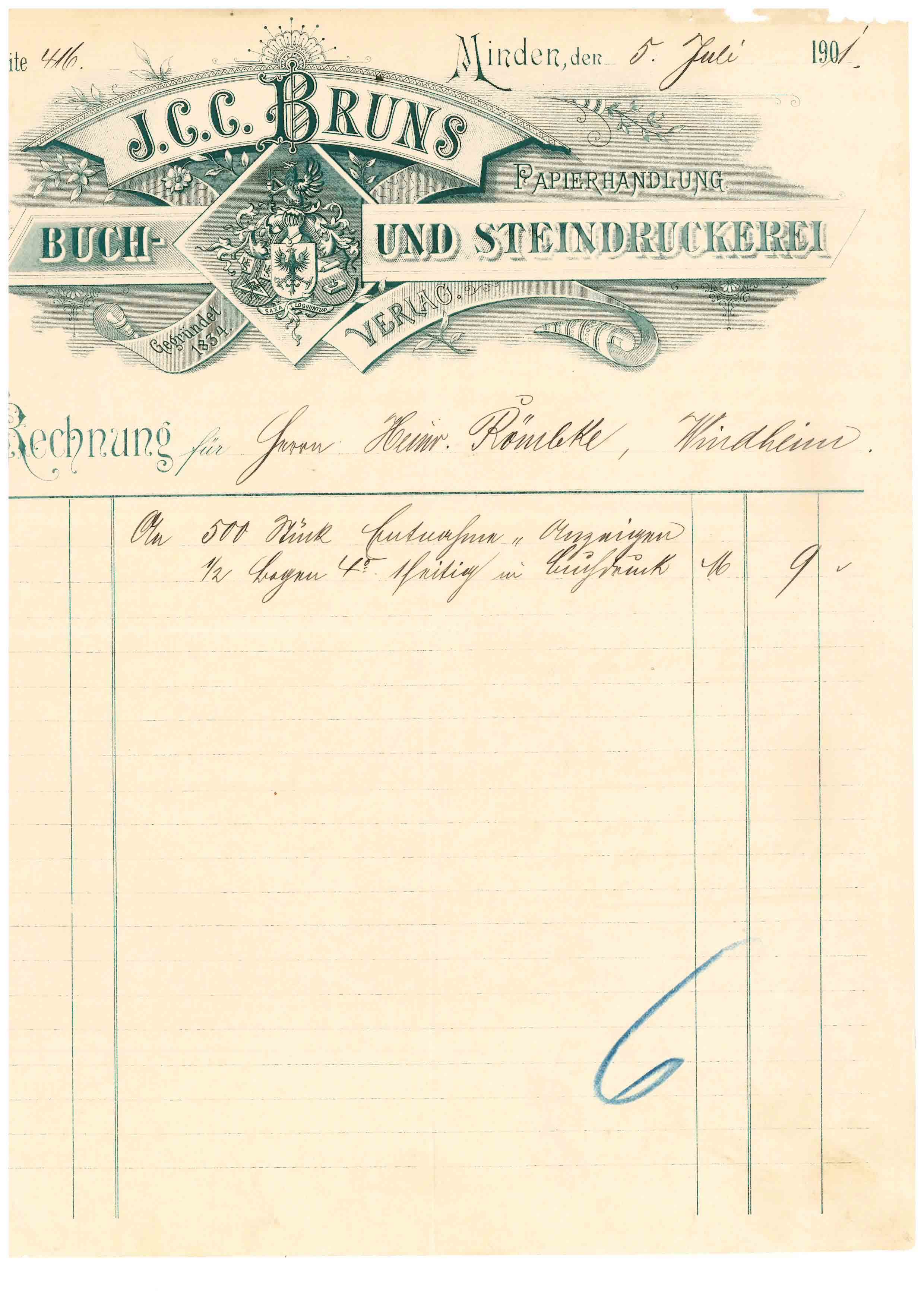 Rechnung J. C. C. Bruns, 1901, Minden i. W. (Mindener Museum RR-R)
