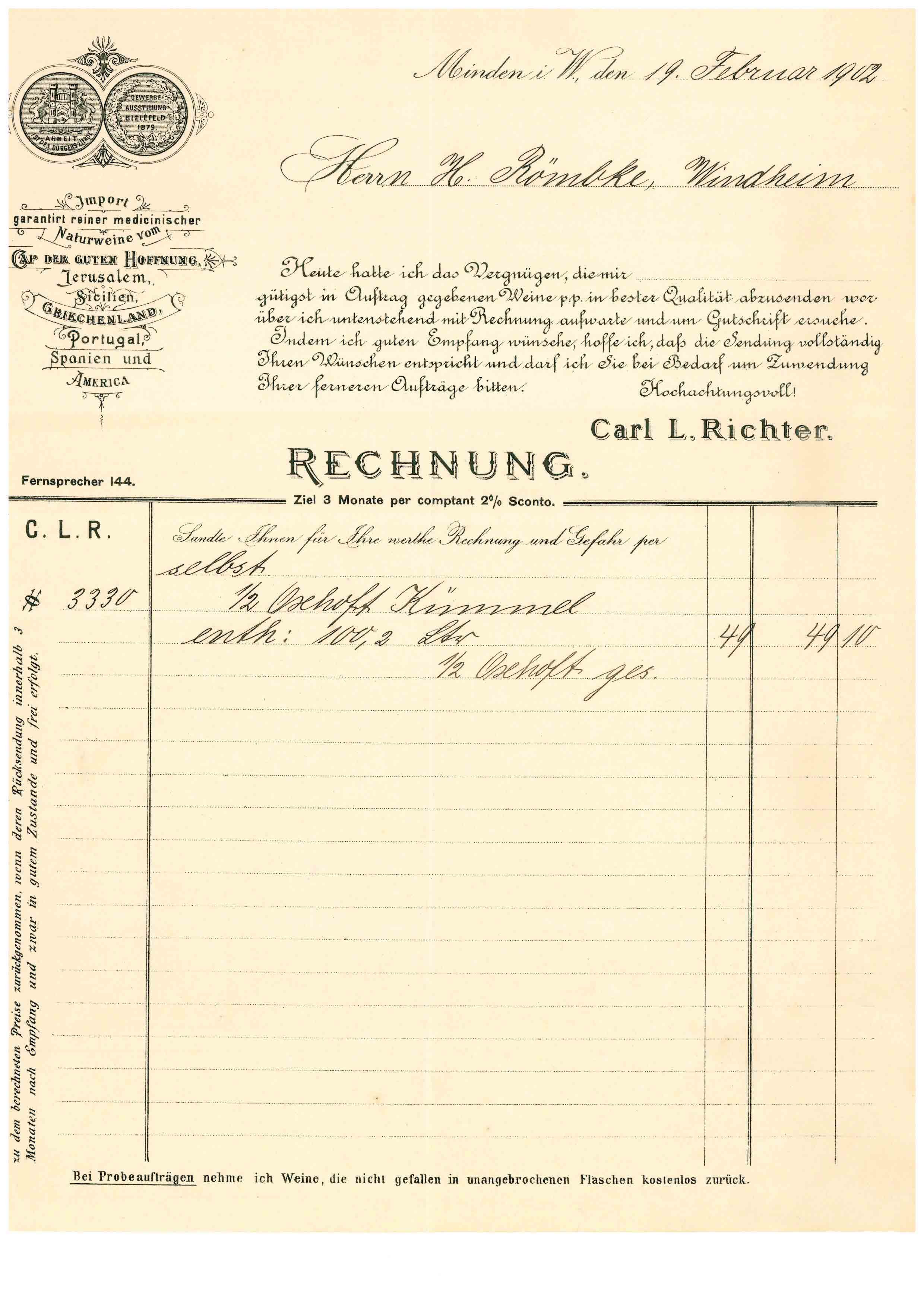 Rechnung Carl I Richter, Weinhandel, Minden, 1901 (Mindener Museum RR-R)