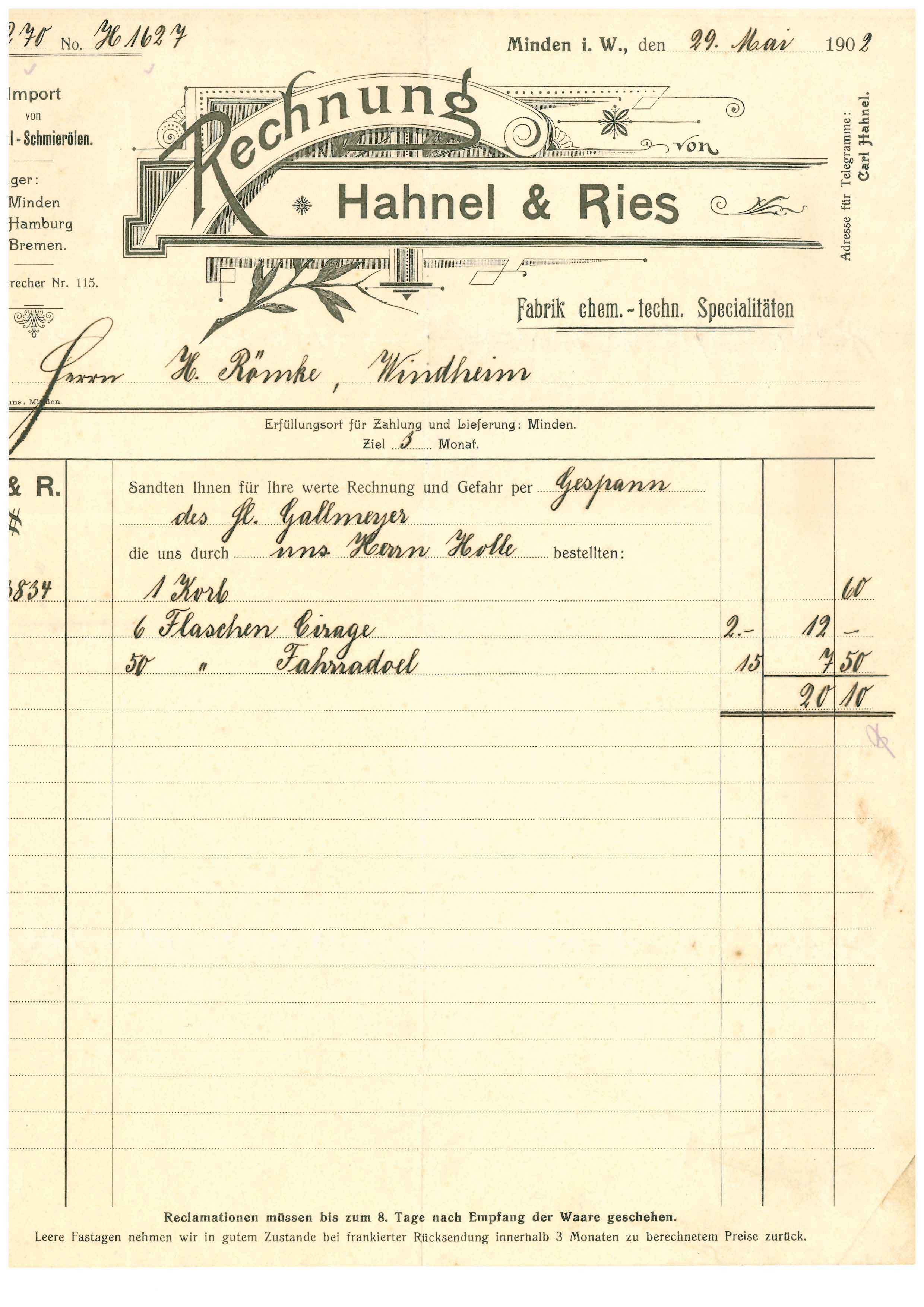Rechnung Hahnel & Ries,1902, Minden i. W. (Mindener Museum RR-R)