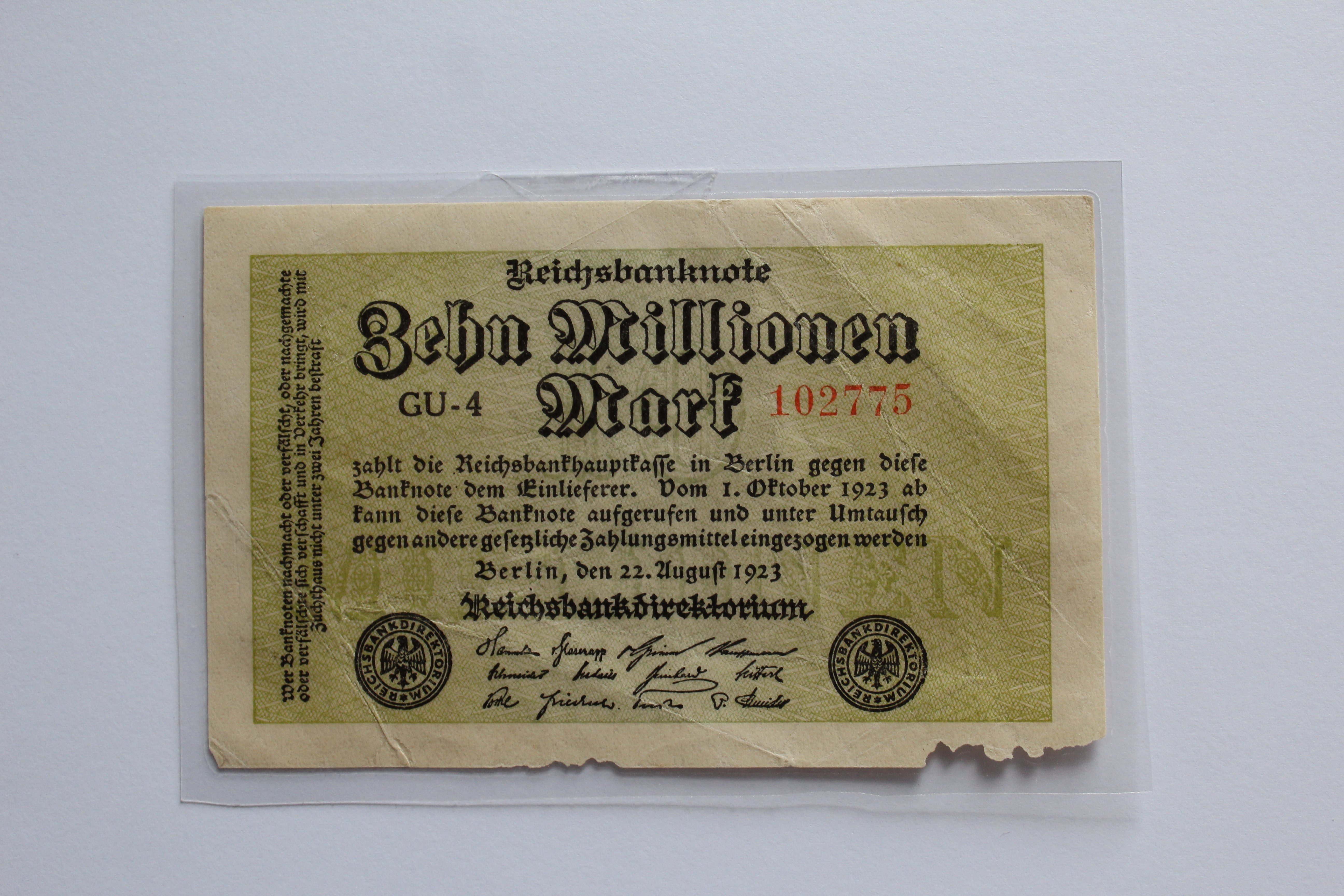 Zehn Millionen Mark / Reichsbanknote (Heimatmuseum Hörste CC BY-NC-SA)