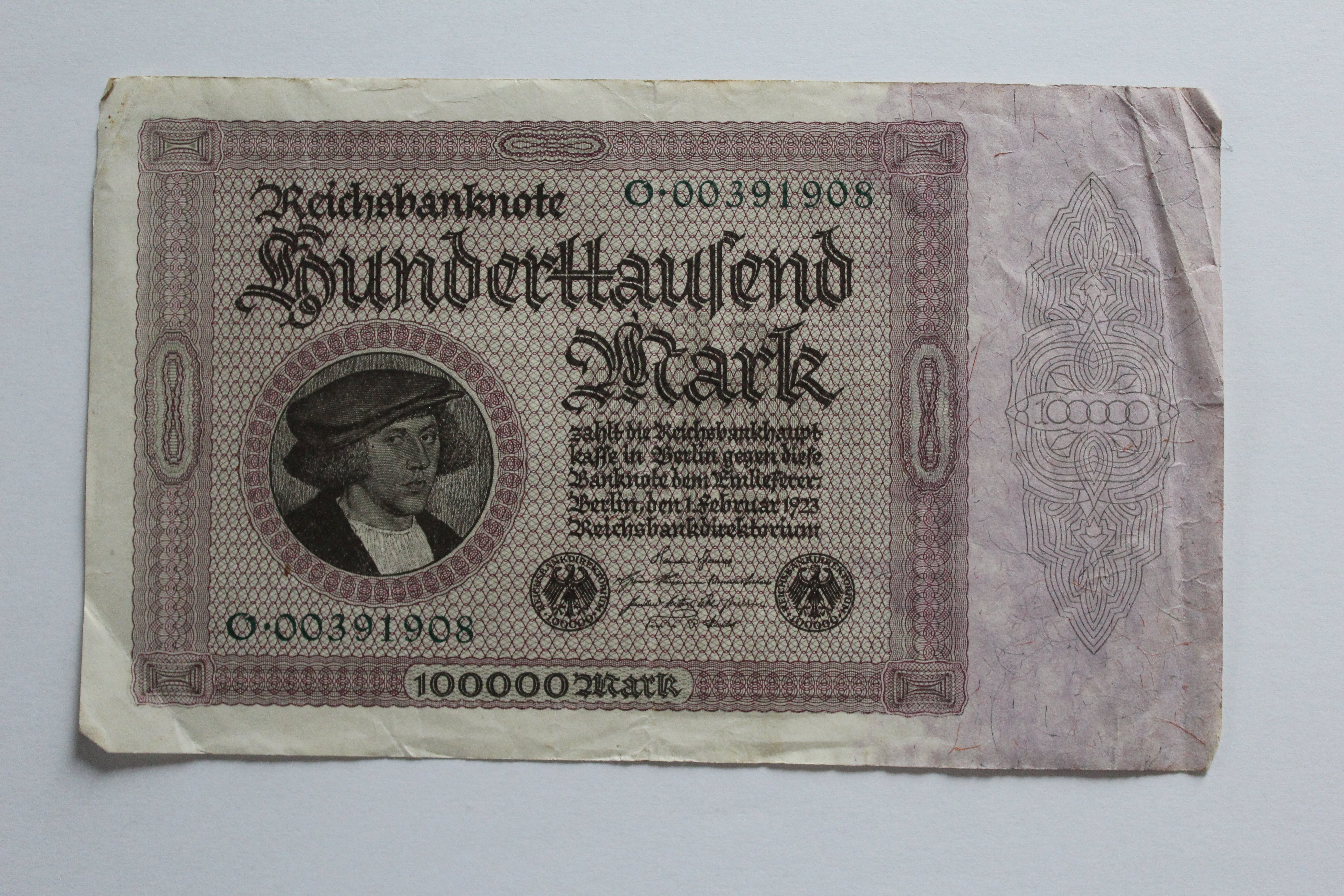 Reichsbanknote Hunderttausend Mark (Heimatmuseum Hörste CC BY-NC-SA)
