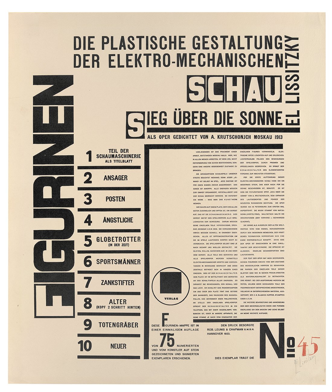Die plastische Gestaltung der elektro-mechanischen Schau. Sieg über die Sonne: Textblatt (Kunsthalle Bielefeld Public Domain Mark)