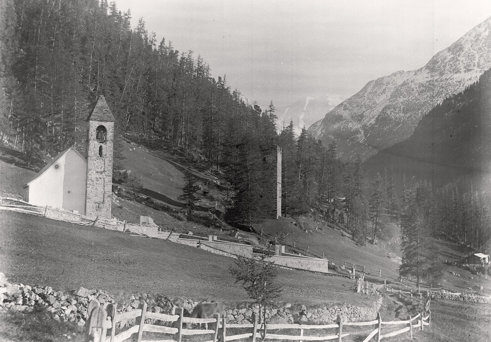 Kirche Sta. Maria und Burgturm Spaniola in Pontresina (14.09.1892), 86029_o (DRM CC BY-NC-SA)