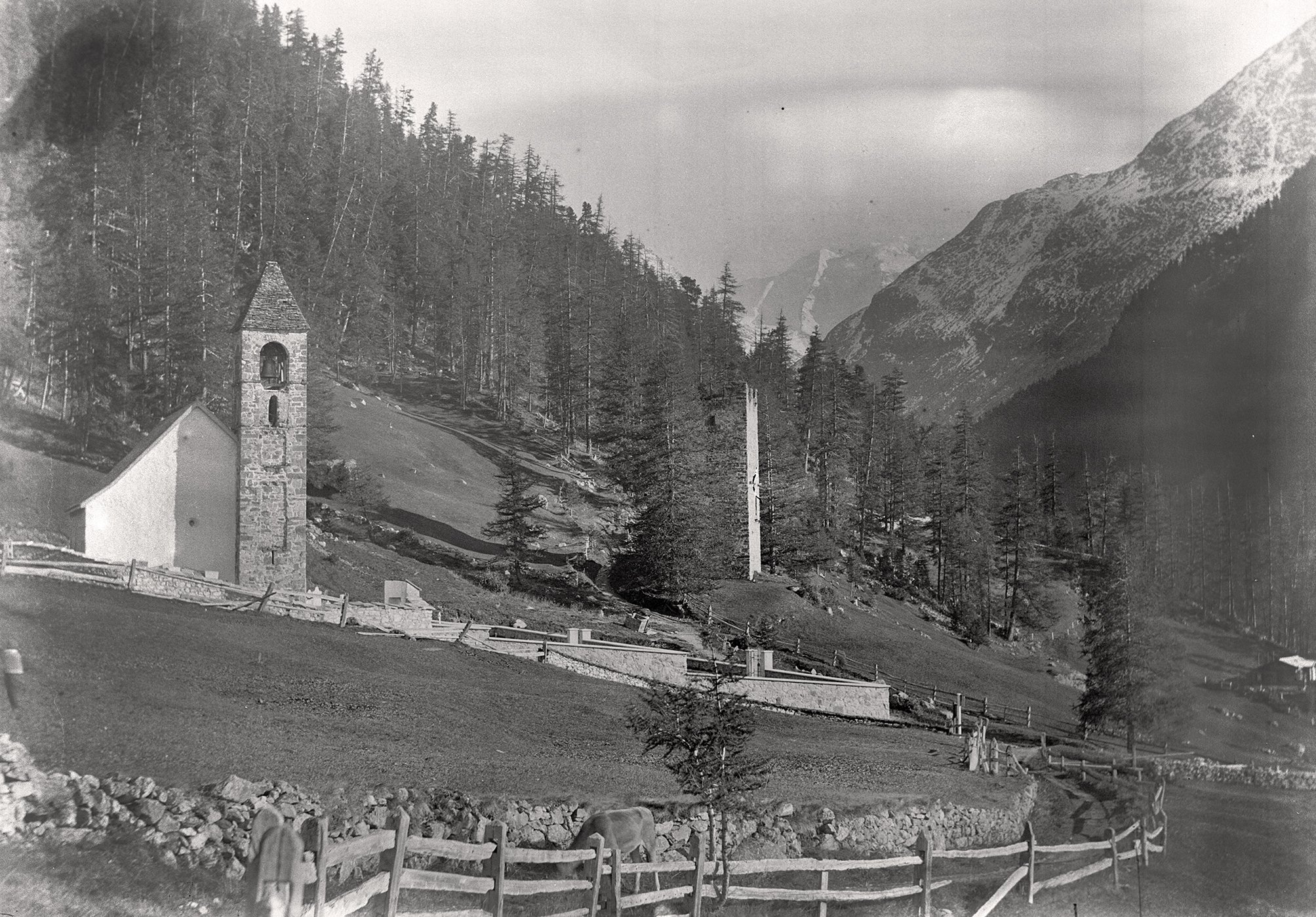 Kirche Sta. Maria und Burgturm Spaniola in Pontresina (14.09.1892), 86031_o (DRM CC BY-NC-SA)