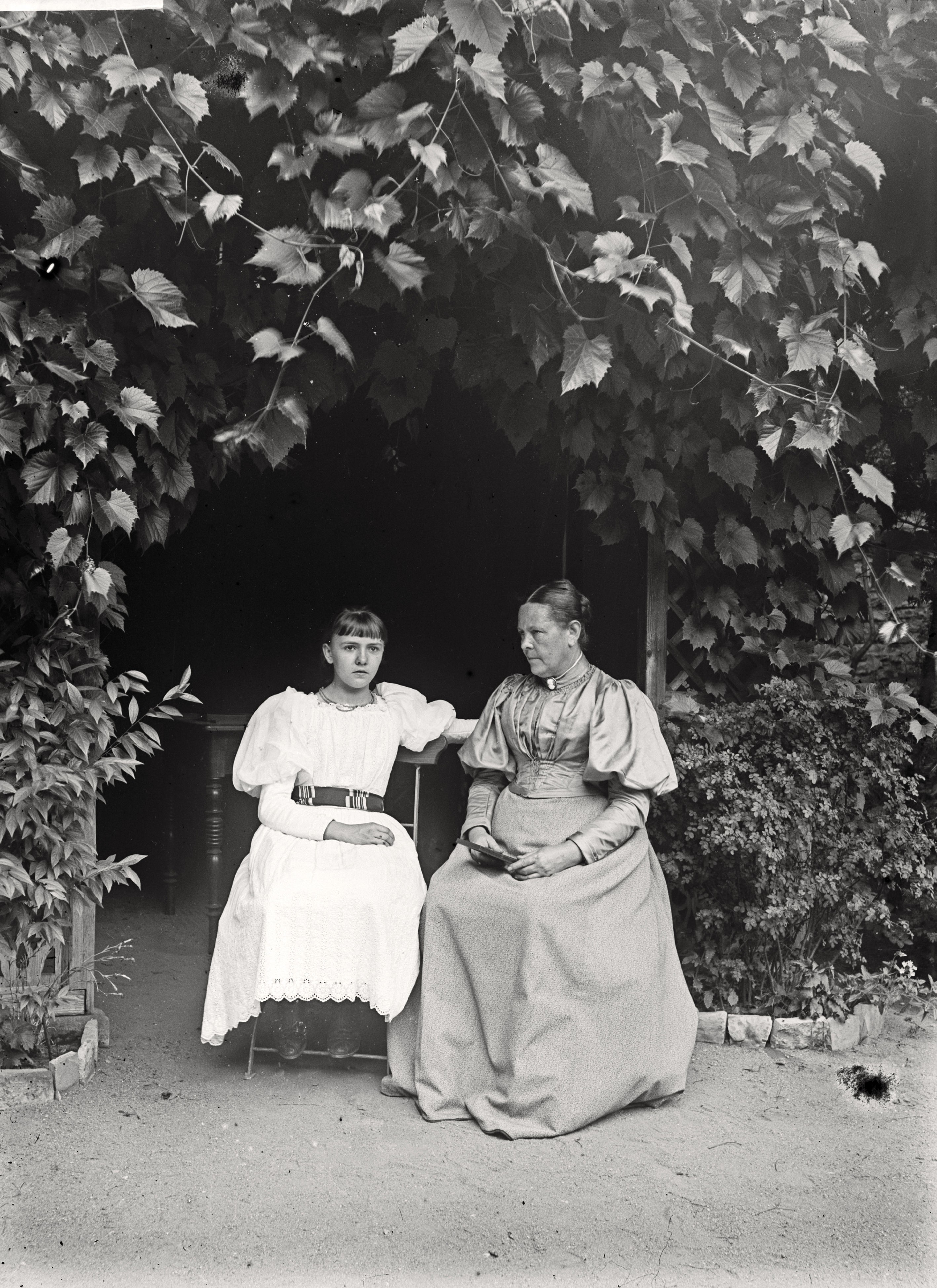 Bertha Röntgen und Josephine Bertha Ludwig vor der Gartenlaube im Garten der Röntgens (21.Juli 1895), 86638_o (DRM CC BY-NC-SA)