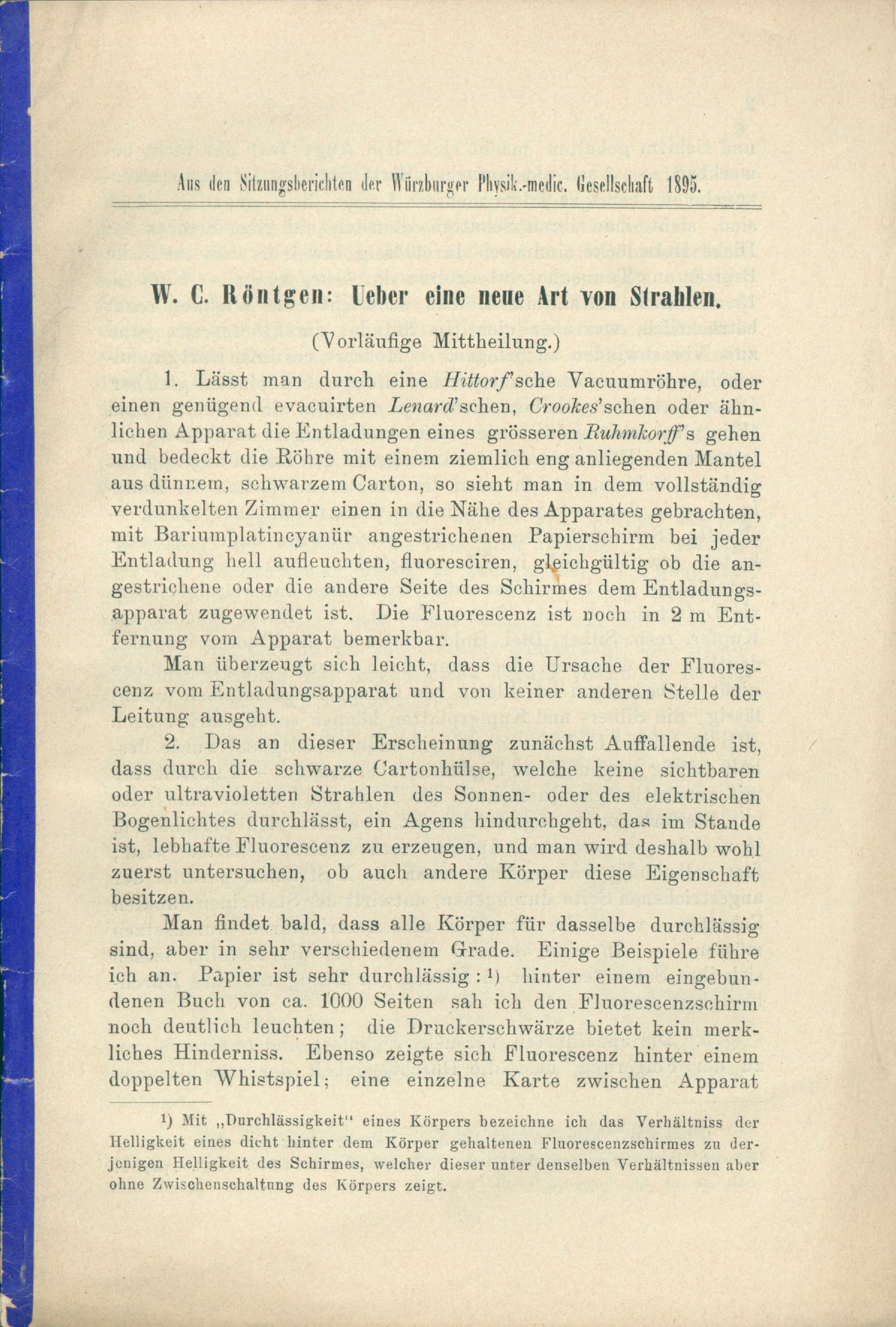 W. C. Röntgen: Ueber eine neue Art von Strahlen (Vorläufige Mitteilung), 1. Auflage (Dezember 1895), 81500_1 (Deutsches Röntgen-Museum CC BY-NC-SA)