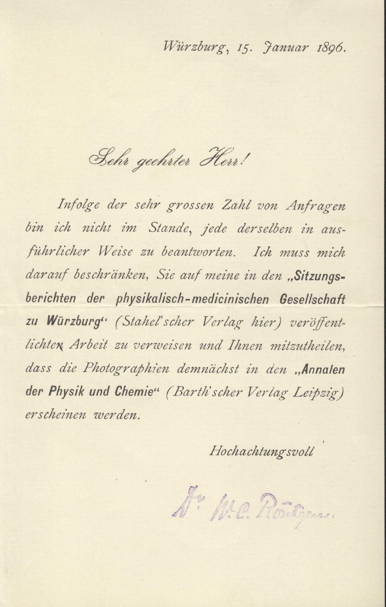 Rundschreiben W. C. Röntgens über die Entdeckung (15.01.1896), 80711 (DRM CC BY-NC-SA)