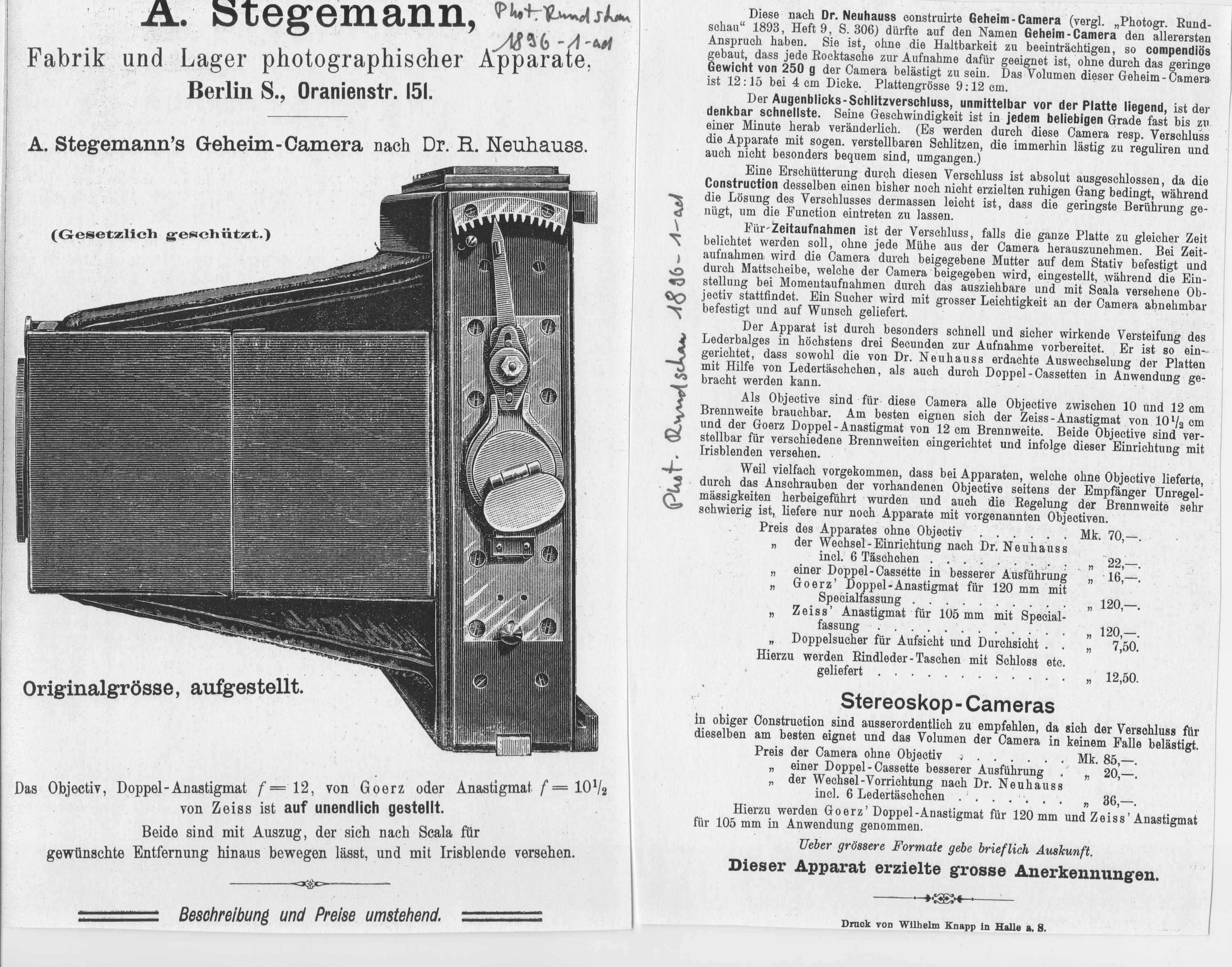A. Stegemann's Geheim-Camera nach Dr. R. Neuhauss (1896), SO-1 (Club Daguerre e.V. RR-R)