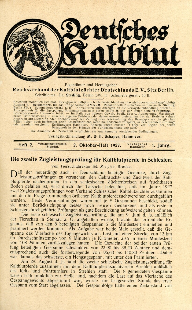 Deutsches Kaltblut 01. Jahrgang (Herausgeber RR-R)
