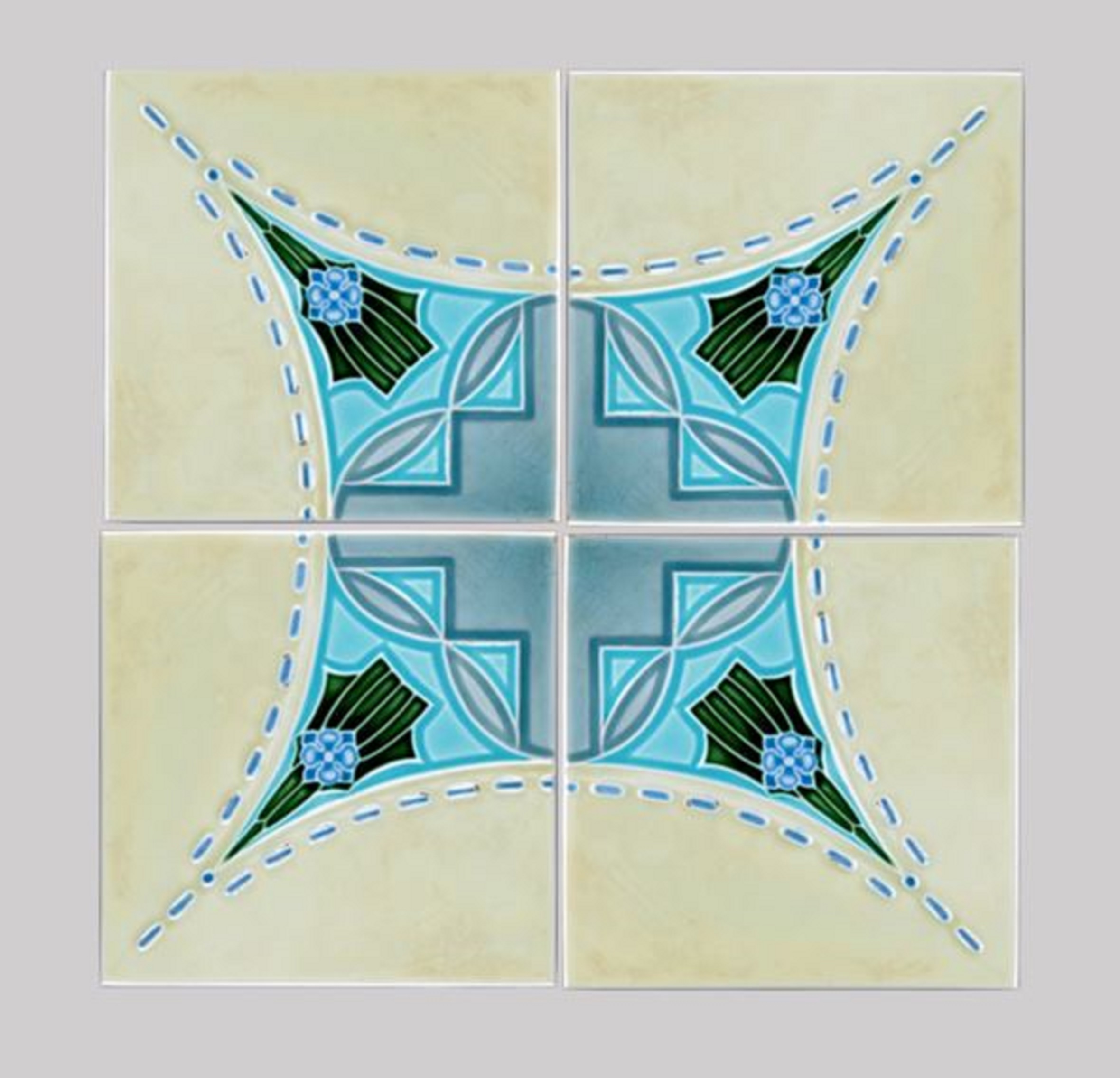 Geometrischer Dekor mit Blütenschmuck, "Schnittmuster, Vierpaß, Blüte"; unbegrenztes Flächenornament. Bildmontage (KreisMuseum Zons CC BY-NC-SA)
