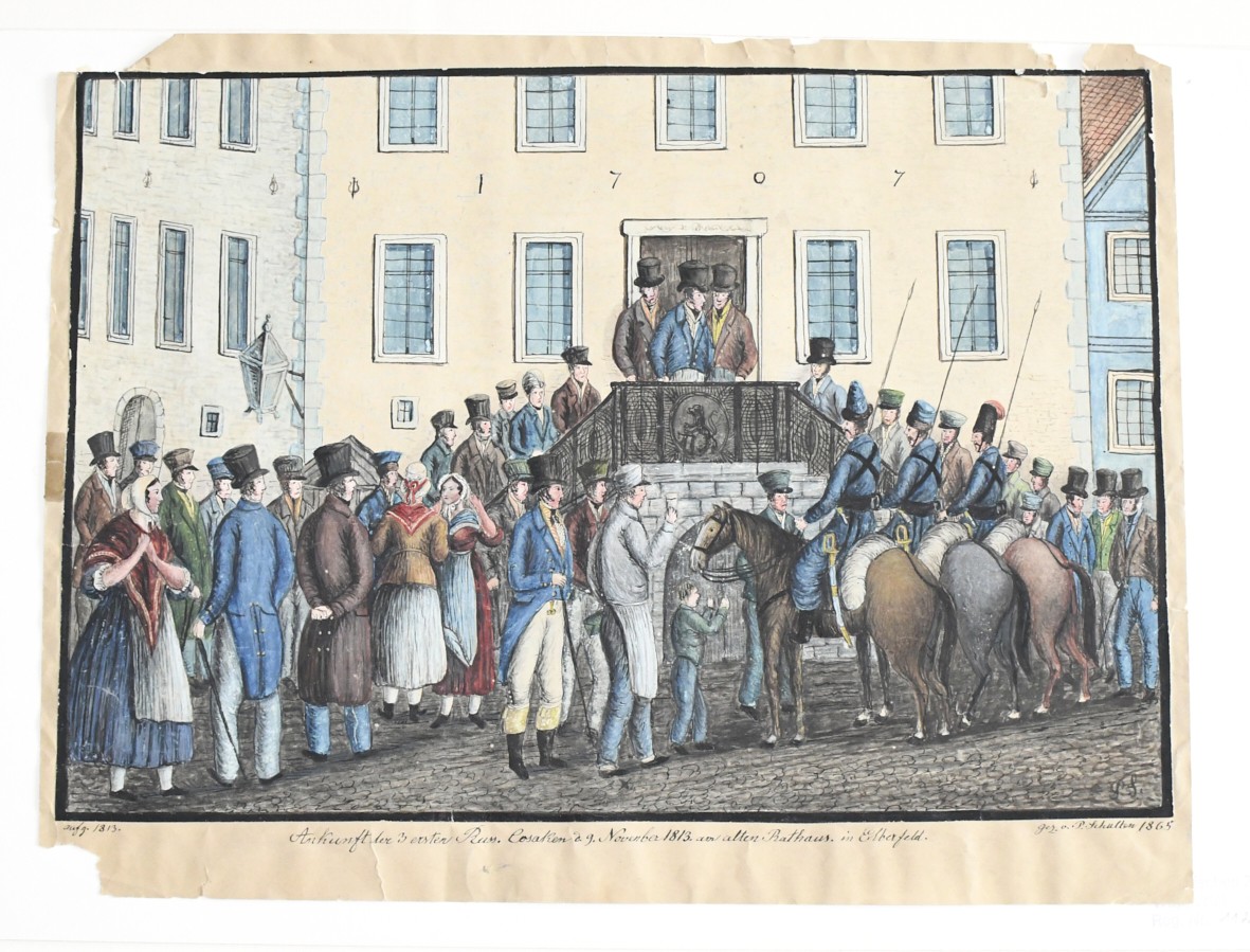 Ankunft der 3 ersten Coasken am 9. November 1813 am alten Rathaus in Elberfeld ((C) Sammlung Bergischer Geschichtsverein e.V. CC BY-NC)