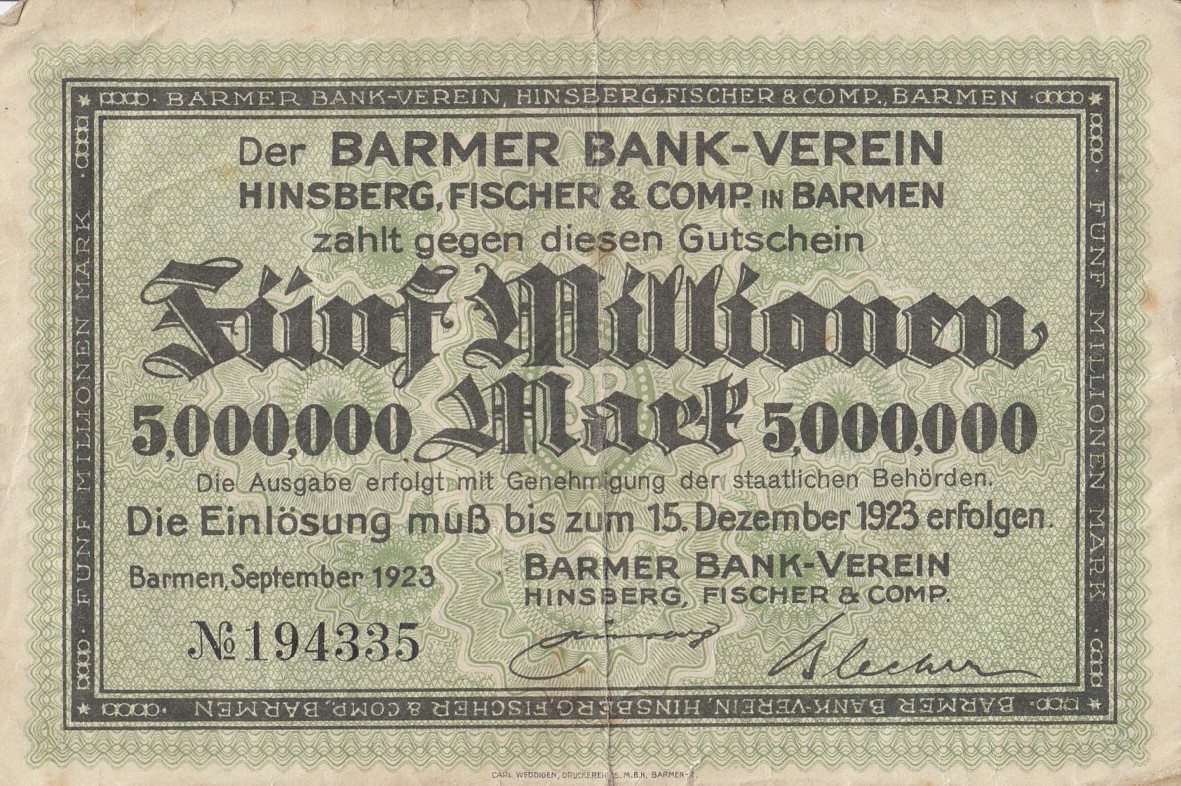 Barmer Bank-Verein "Fünf Millionen Mark" ((C) Sammlung Bergischer Geschichtsverein e.V. CC BY-NC)
