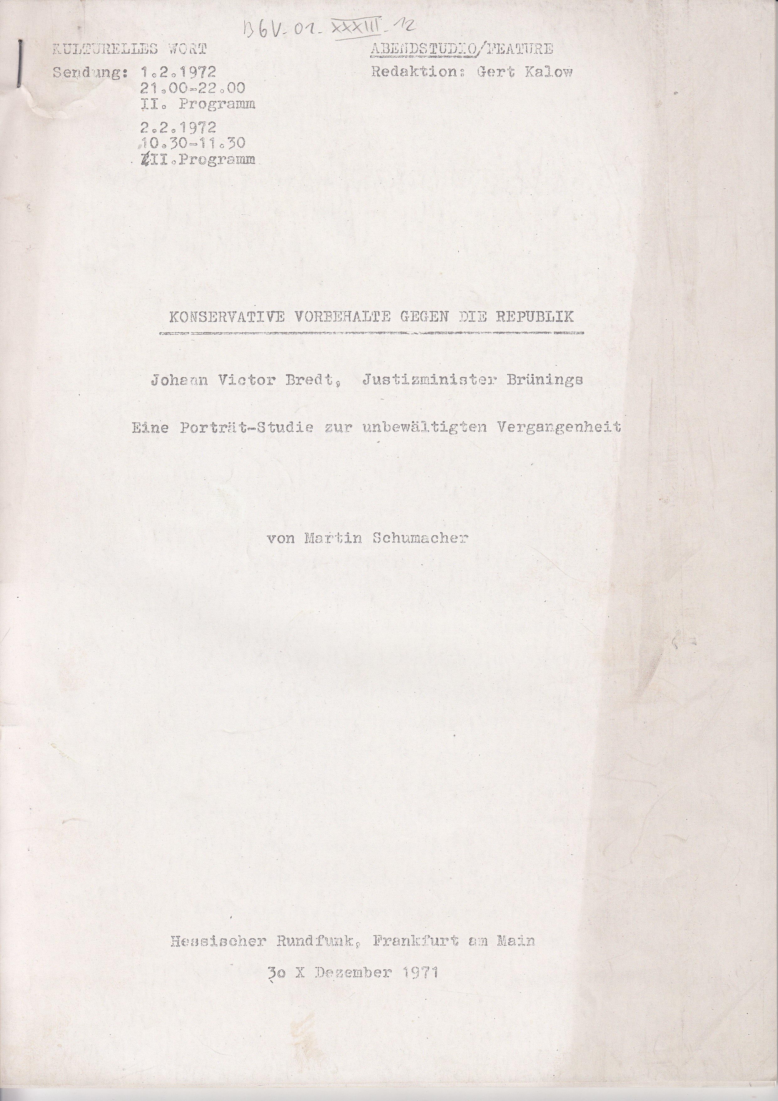 Manuskript: "Konservative Vorbehalte gegen die Republik" ((C) Sammlung Bergischer Geschichtsverein e.V. CC BY-NC)