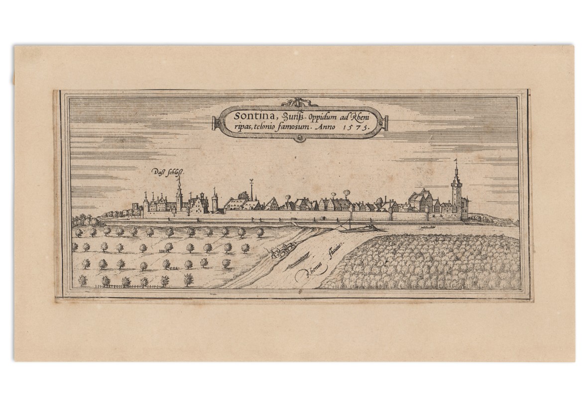 Sontina, Zunß - Oppidum ad Rheni ripas, telonio famosum. Anno 1575 [Zons] ((C) Sammlung Bergischer Geschichtsverein e.V. CC BY-NC)