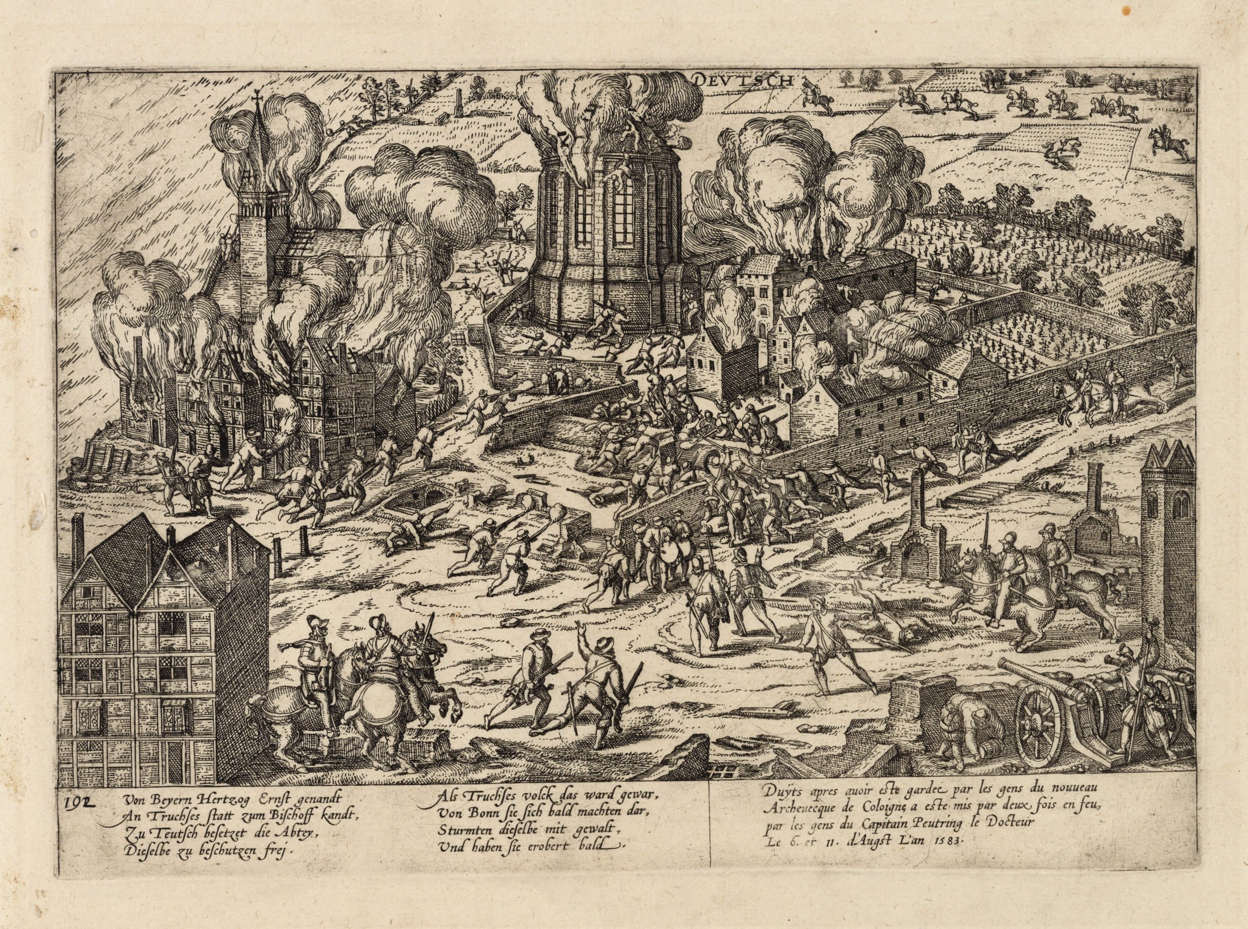 Die Abtei Deutz wird am 11. August 1583 durch die Truppen Gebhards erstürmt und in Brand gesetzt, 16. Jahrhundert (Hogenberg). (Städtisches Museum Schloss Rheydt CC BY)