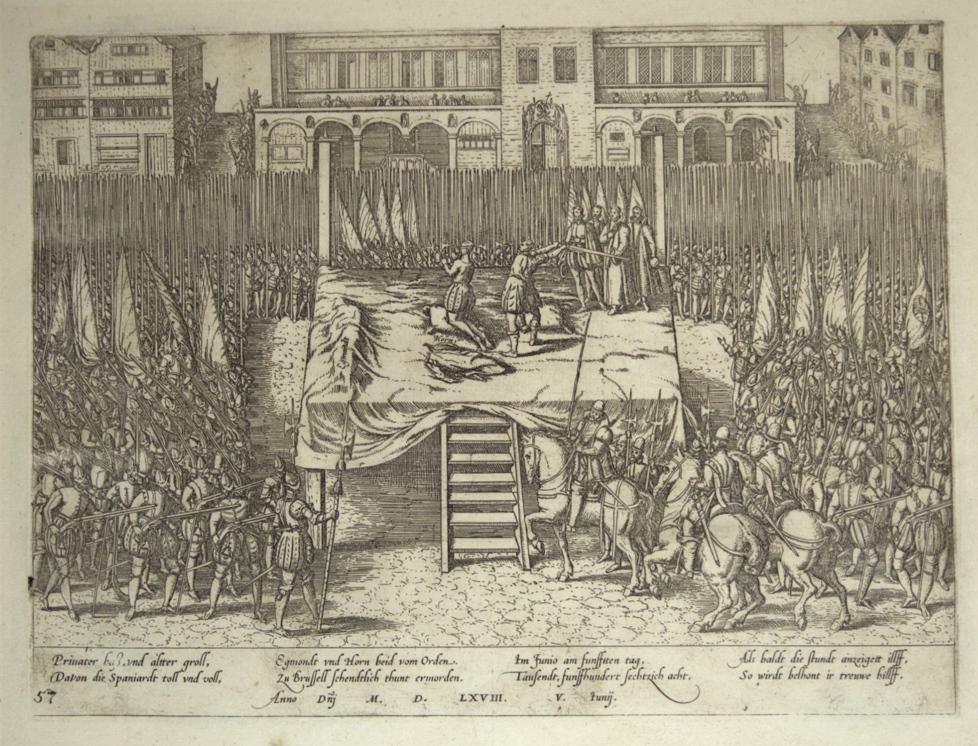 Hinrichtung der Grafen Egmont und Hoorn auf dem Markt zu Brüssel im Juni 1568 (Hogenberg) (Städtisches Museum Schloss Rheydt CC BY)
