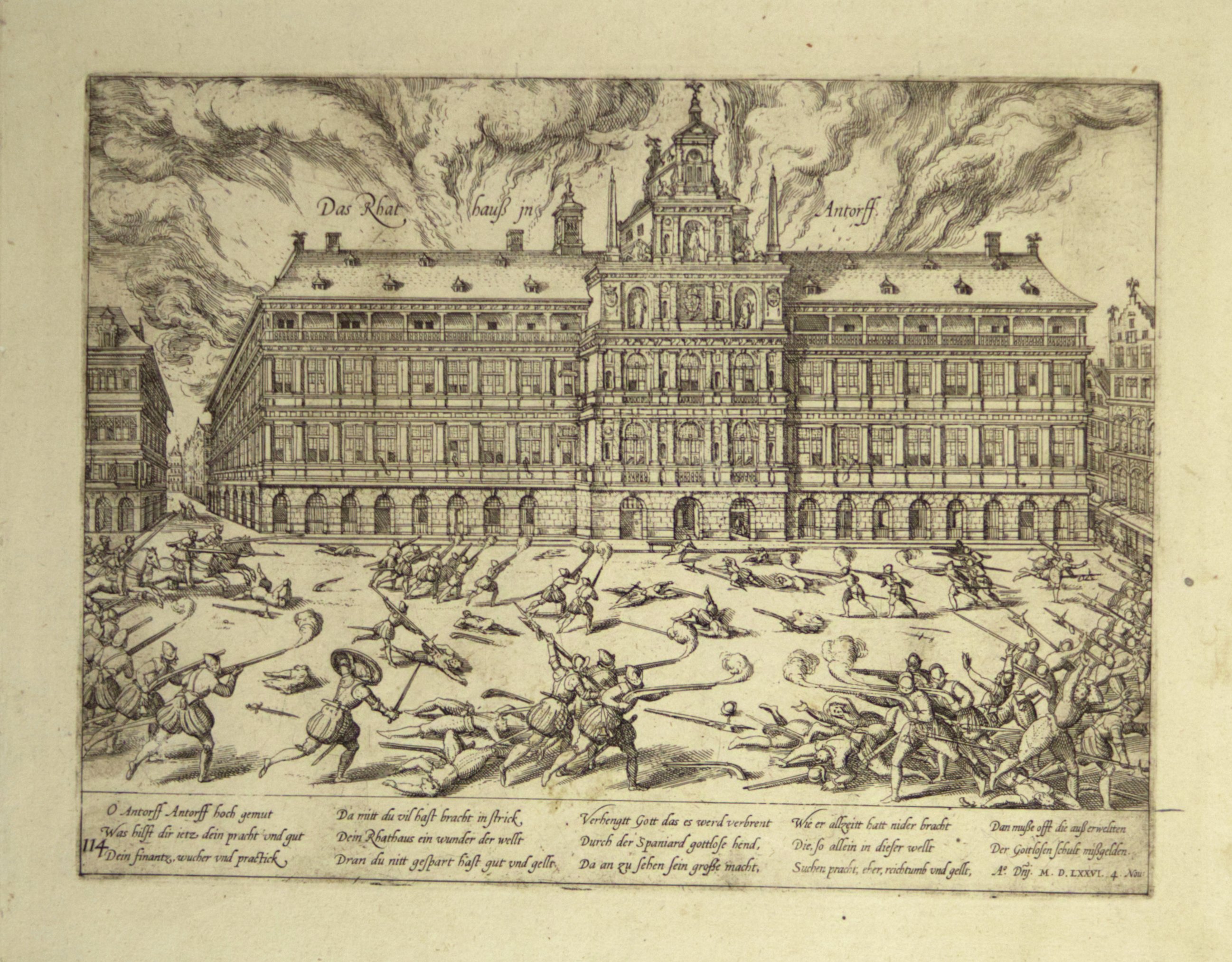 Das Wüten der Spanier auf dem Rathausplatz in Antwerpen am 4. November 1576 (Hogenberg) (Städtisches Museum Schloss Rheydt CC BY)