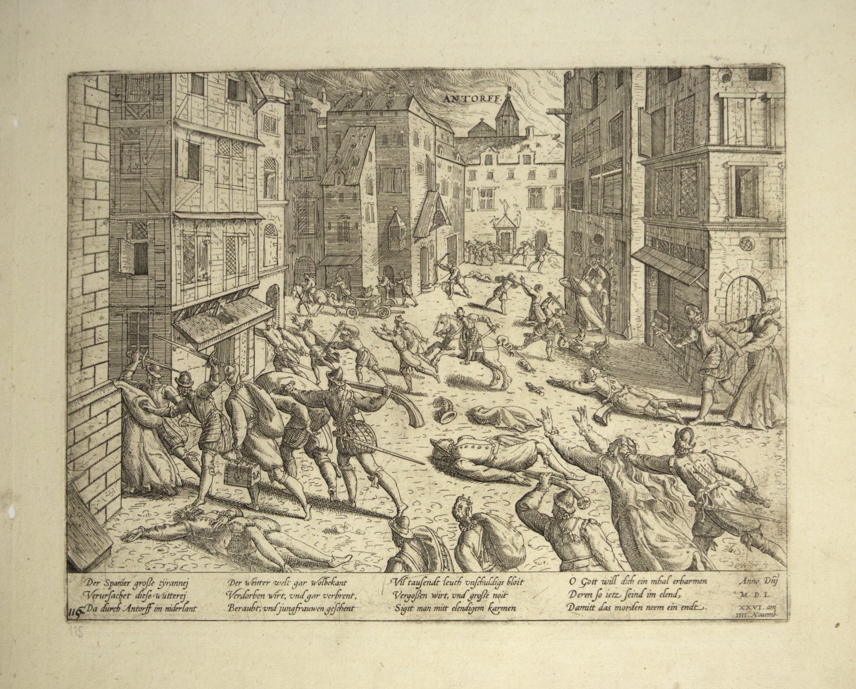 Spanische Gräueltaten in den Straßen Antwerpens am 4. November 1576 (Hogenberg) (Städtisches Museum Schloss Rheydt CC BY)