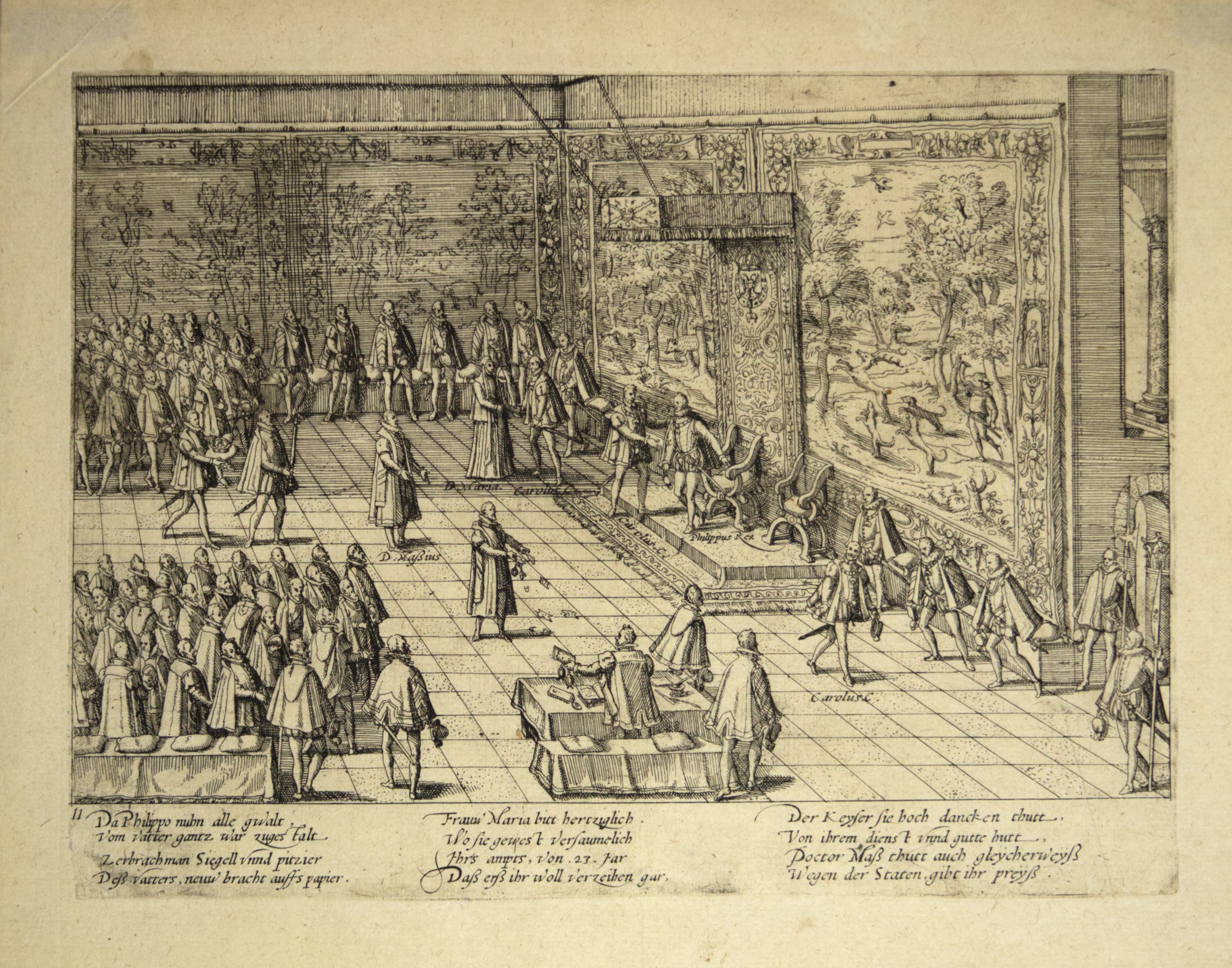 Demission Kaiser Karls V. zu Gunsten seines Sohns Phillip II. am 6. Oktober 1555 (Hogenberg) (Städtisches Museum Schloss Rheydt CC BY)