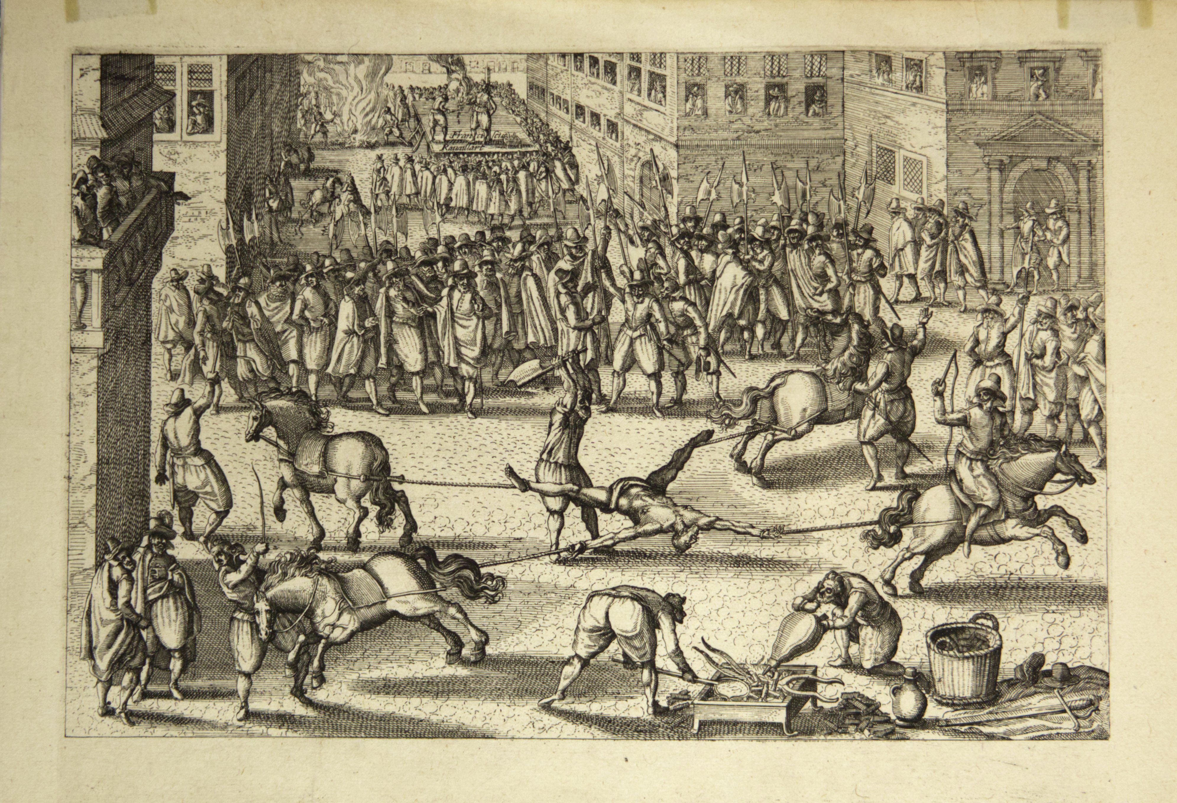 Ravaillac, der Mörder König Heinrichs IV., wird hingerichtet, 1610 (Hogenberg) (Städtisches Museum Schloss Rheydt CC BY)