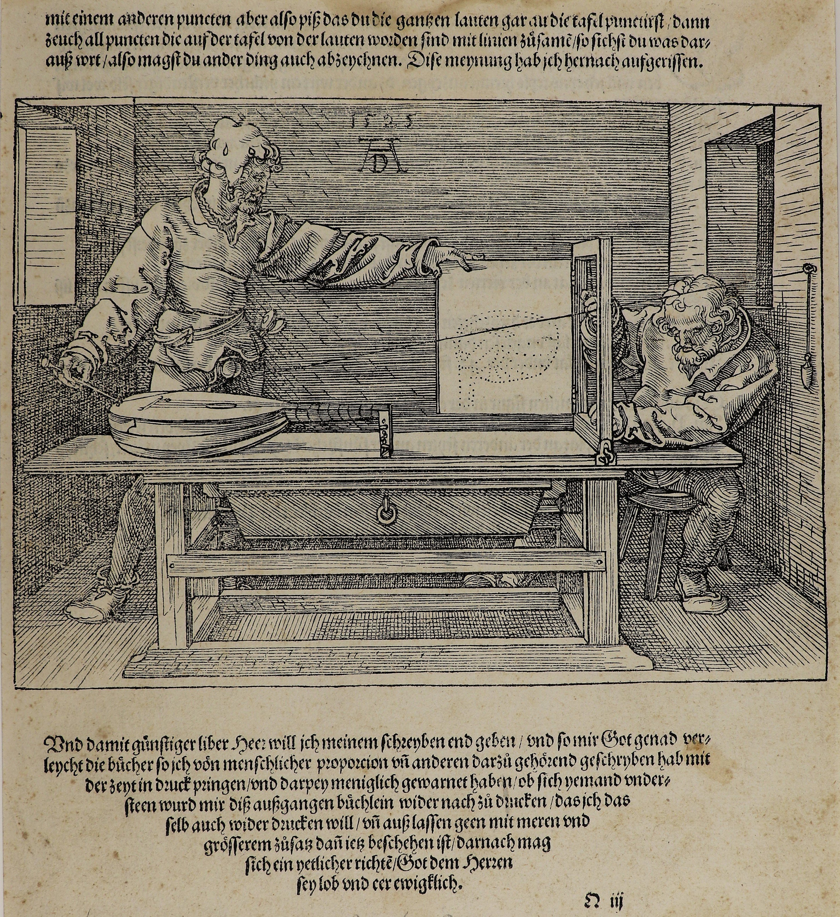 Albrecht Dürer, Die Vermessung der Laute, Blatt aus Dürers "Underweysung der Messung [...]", Nürnberg 1525 (Städtisches Museum Schloss Rheydt CC0)