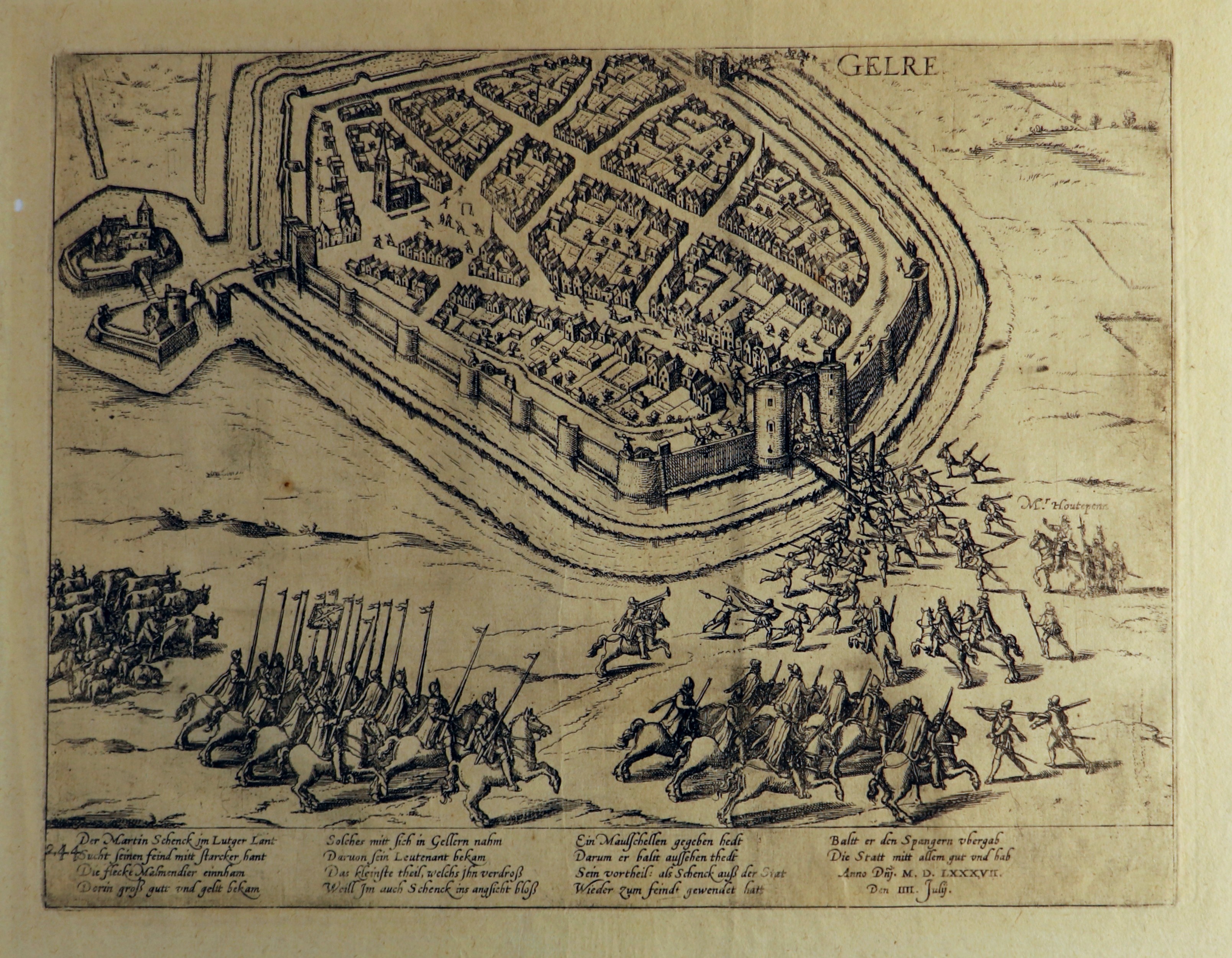Kupferstich zur Eroberung von Geldern durch die Spanier nach Verrat, 4. Juli 1587 (Hogenberg) (Städtisches Museum Schloss Rheydt CC BY)