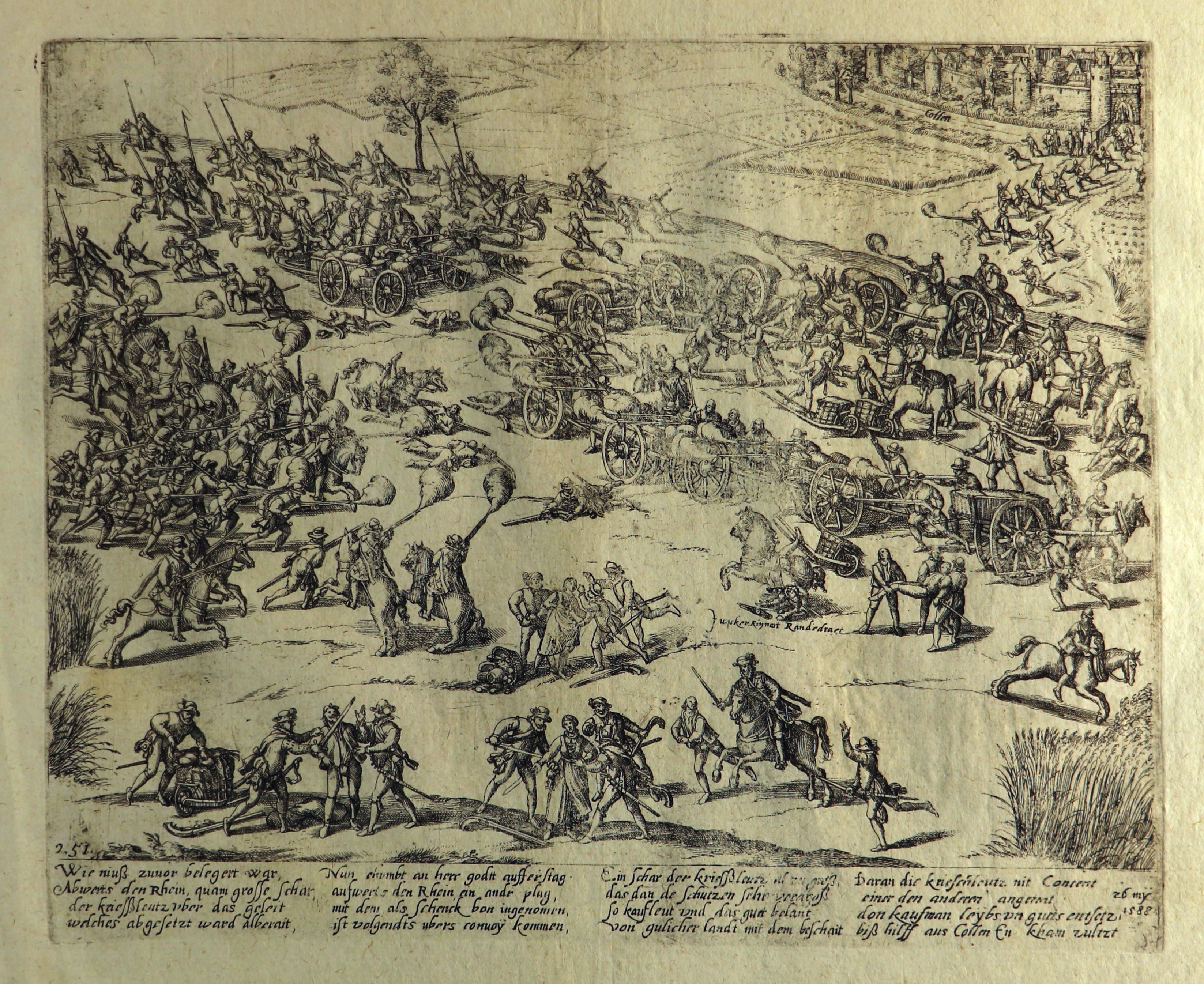 Kupferstich zur Niederlage der "plündernden Kriegshorden" bei Köln, 26. Mai 1588 (Hogenberg) (Städtisches Museum Schloss Rheydt CC BY)