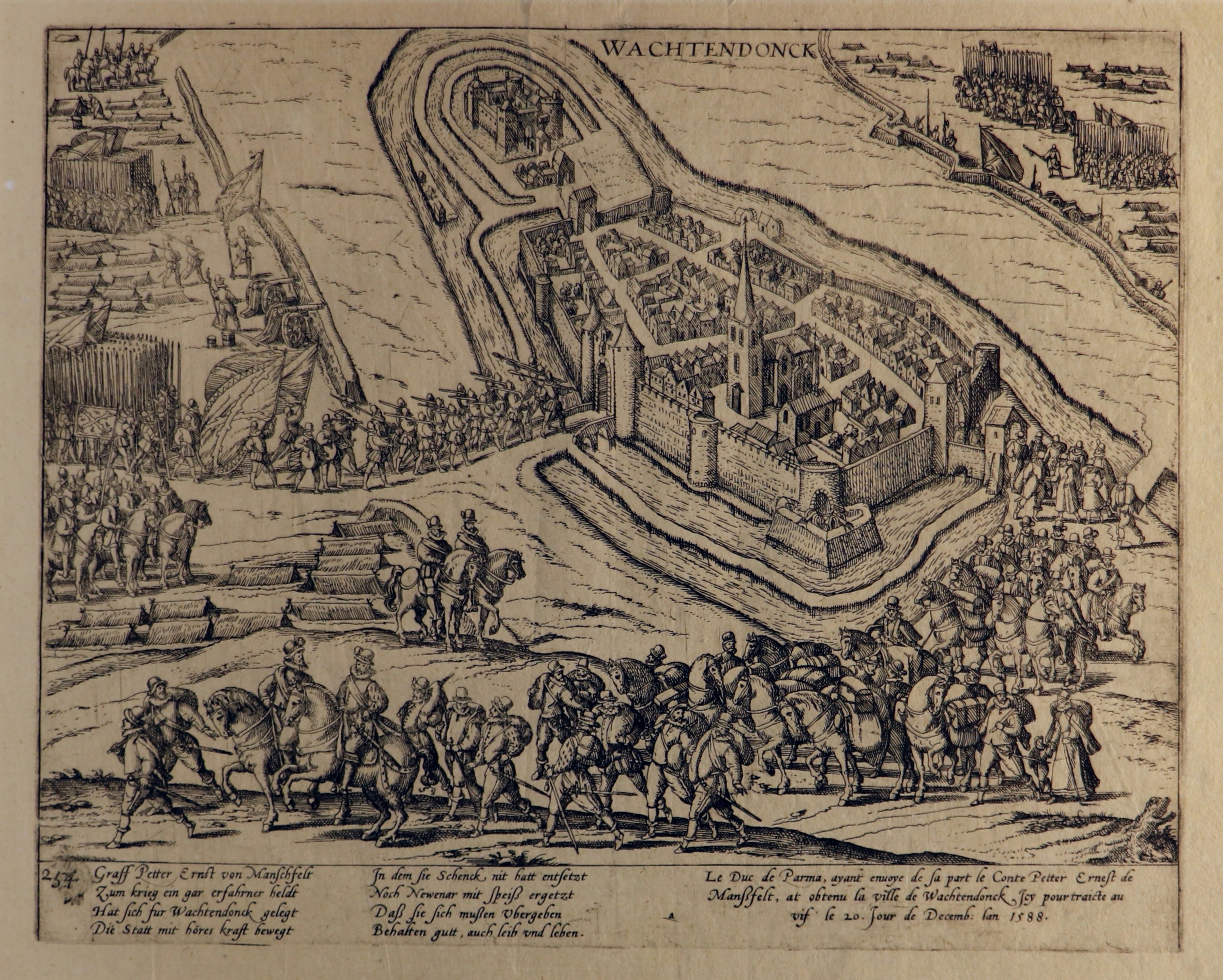 Kupferstich zur Eroberung von Wachtendonk durch den Grafen Mansfeld, 20. Dezember 1588 (Hogenberg) (Städtisches Museum Schloss Rheydt CC BY)
