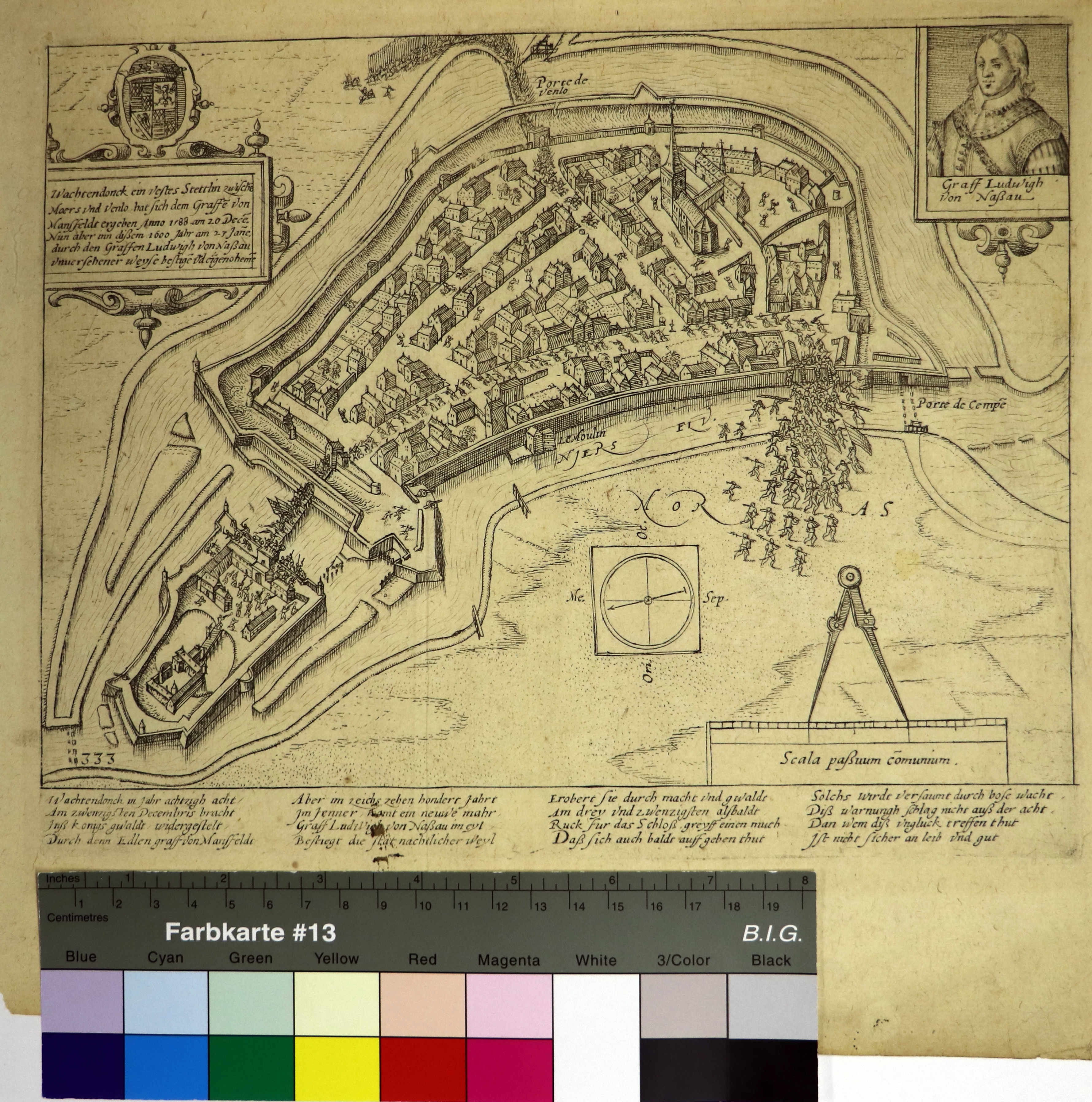 Kupferstich zur Eroberung von Wachtendonk, 23. Januar 1600 (Hogenberg) (Städtisches Museum Schloss Rheydt CC0)