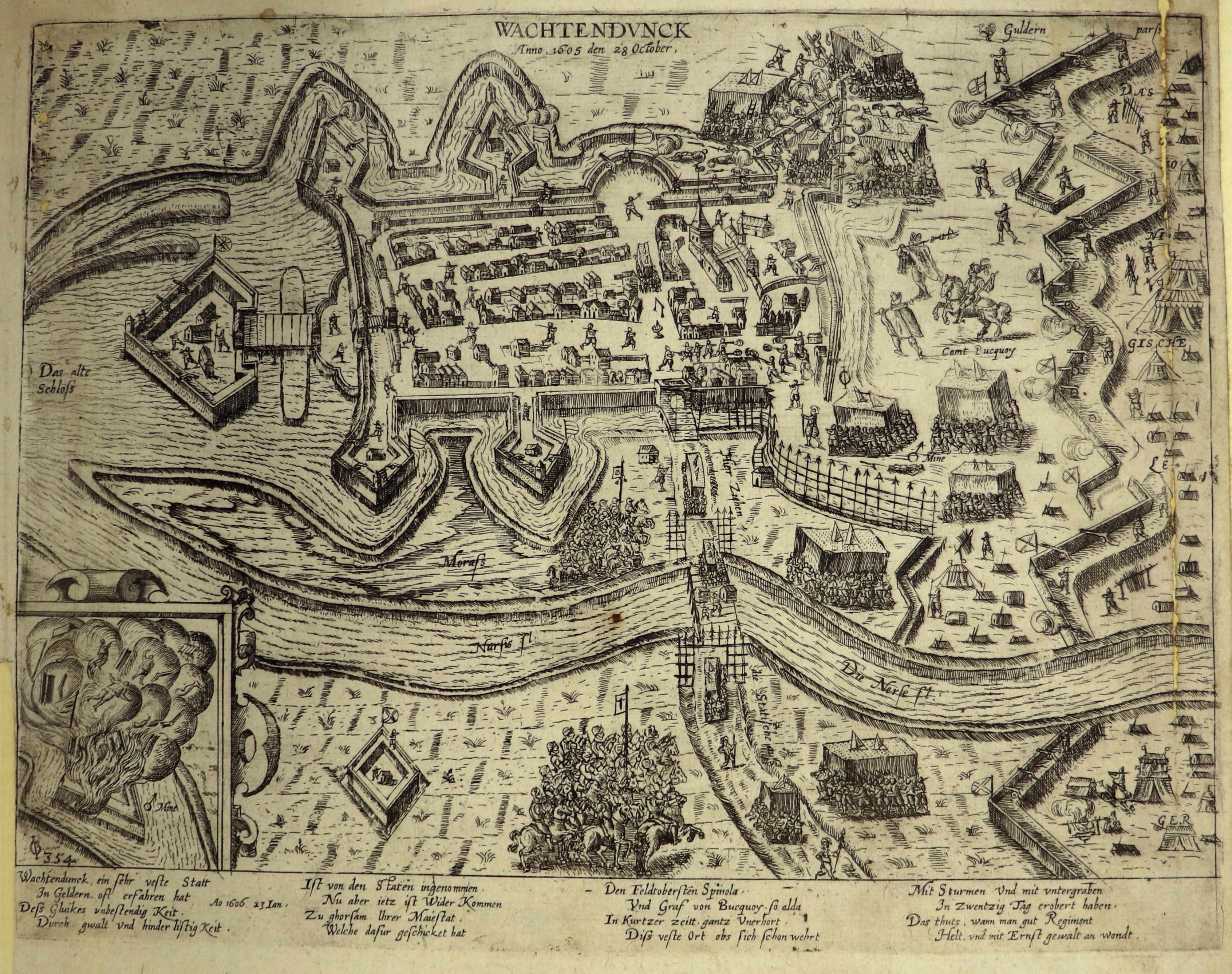 Kupferstich zur Eroberung von Wachtendonk, 28. Oktober 1605 (Hogenberg) (Städtisches Museum Schloss Rheydt CC BY)