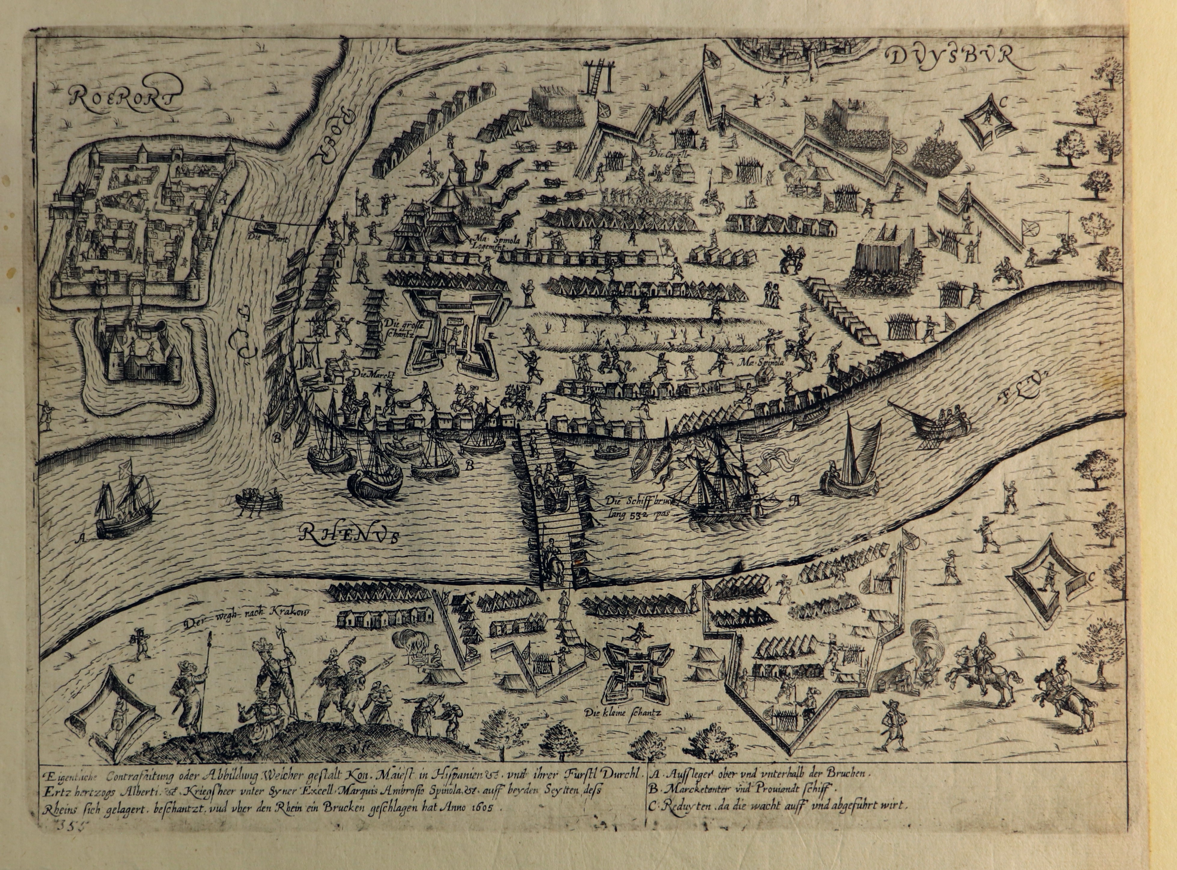 Kupferstich mit Ansicht von Duisburg und Ruhrort zur Zeit der Belagerung durch Spinola, 9. Oktober 1605 (Hogenberg) (Städtisches Museum Schloss Rheydt CC BY)